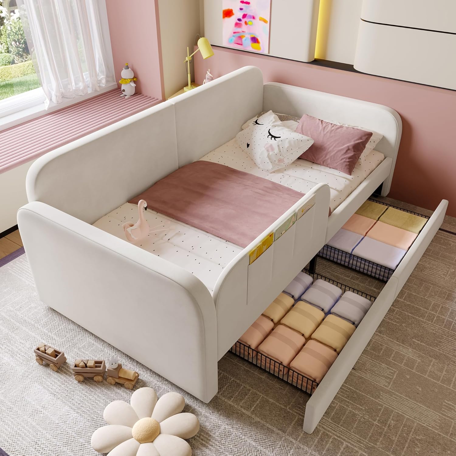 ANIROY Kinder-Spleißbett 90x200cm, Polsterbett, Schlafsofa Daybett Tagesbett Einzelbett mit Metallbettgestell & 3 Aufbewahrungstaschen & 2 Schubladen auf Rollen, Samt, Weiß