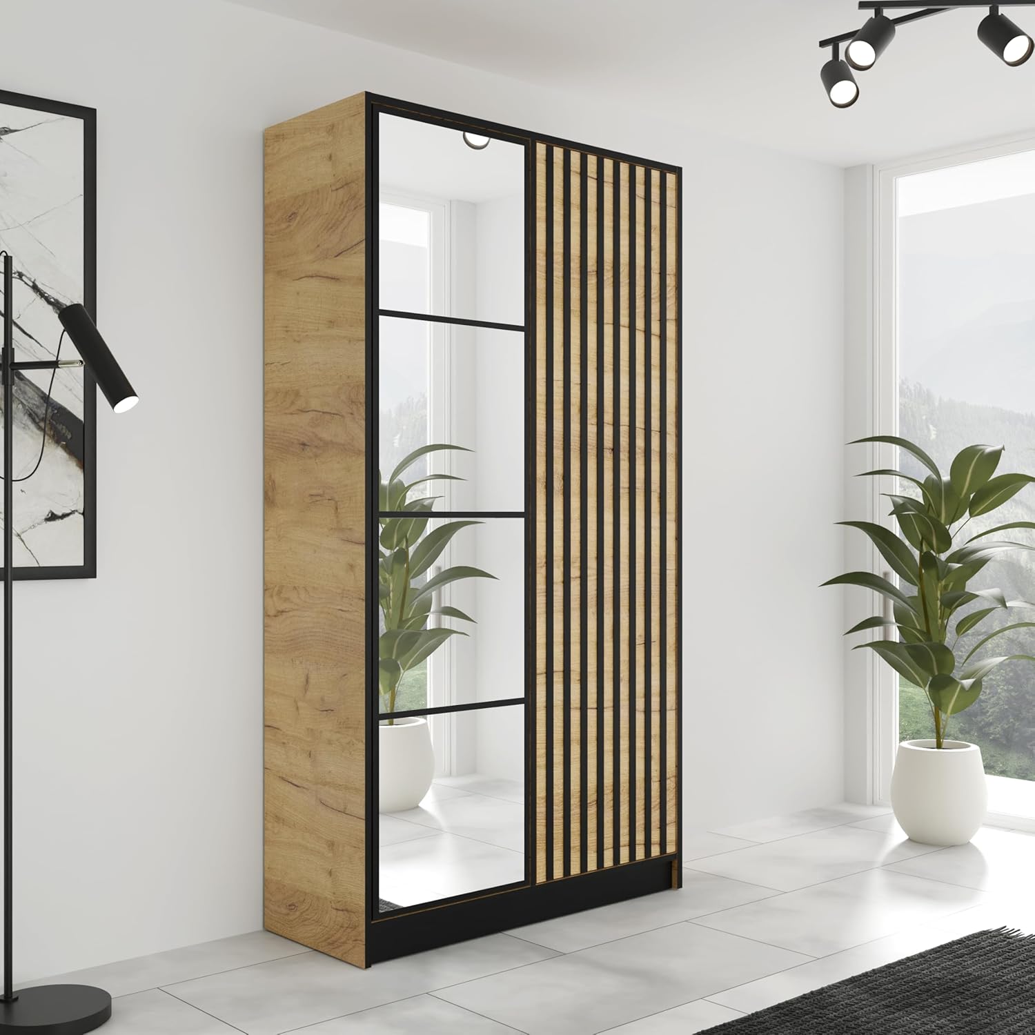 KIER FURNITURE Kleiderschrank mit Spiegel - Garderobenschrank mit Push to Open Türöffner - Schrank mit Ausziehbare Kleiderstange - Eden - 104,8x205x39cm - Craft Eiche