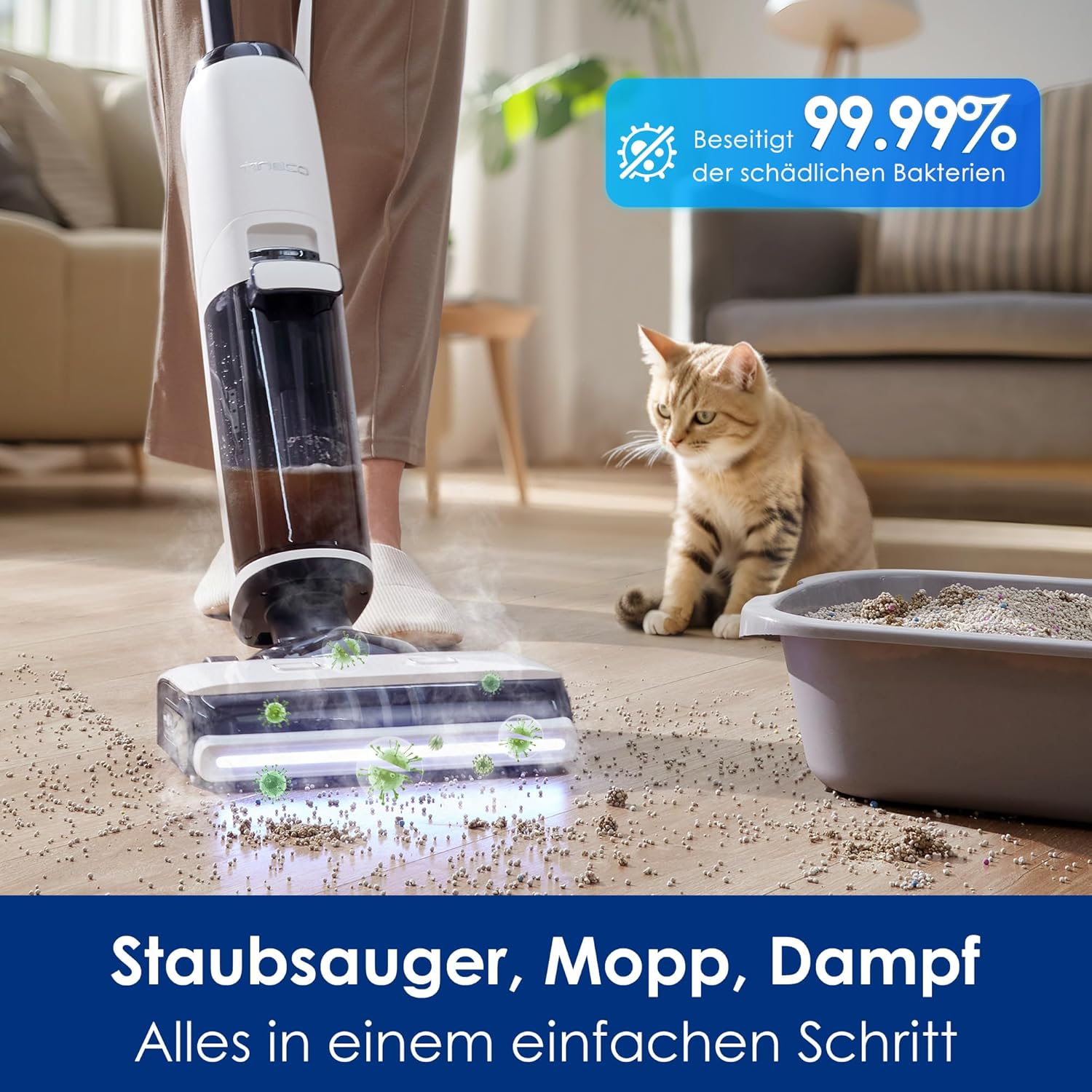 Tineco iFLOOR 5 Steam Nass Trockensauger, 120℃ Hochtemperatur-Dampf, Dampfreiniger mit Kabel, Selbstreinigung Nasssauger, Hartholz bodenreiniger für klebrige Verschmutzungen, Essensreste