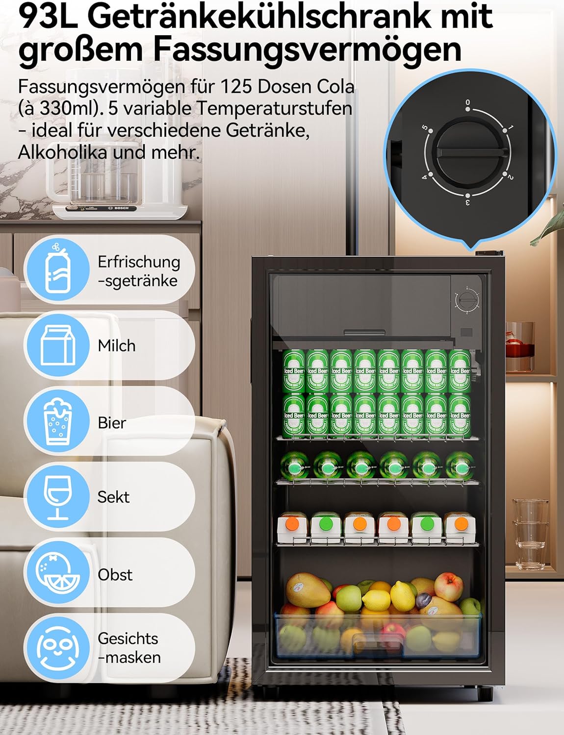 Devoko Getränkekühlschrank mit Glast,93L Minikühlschrank,mit RGB LED Lichtern,verstellbare Einlegeböden, Indoor/Outdoor,für zu Hause, Büro, Partys  und  Gastro,Minibar, Kühlschrank Schwarz