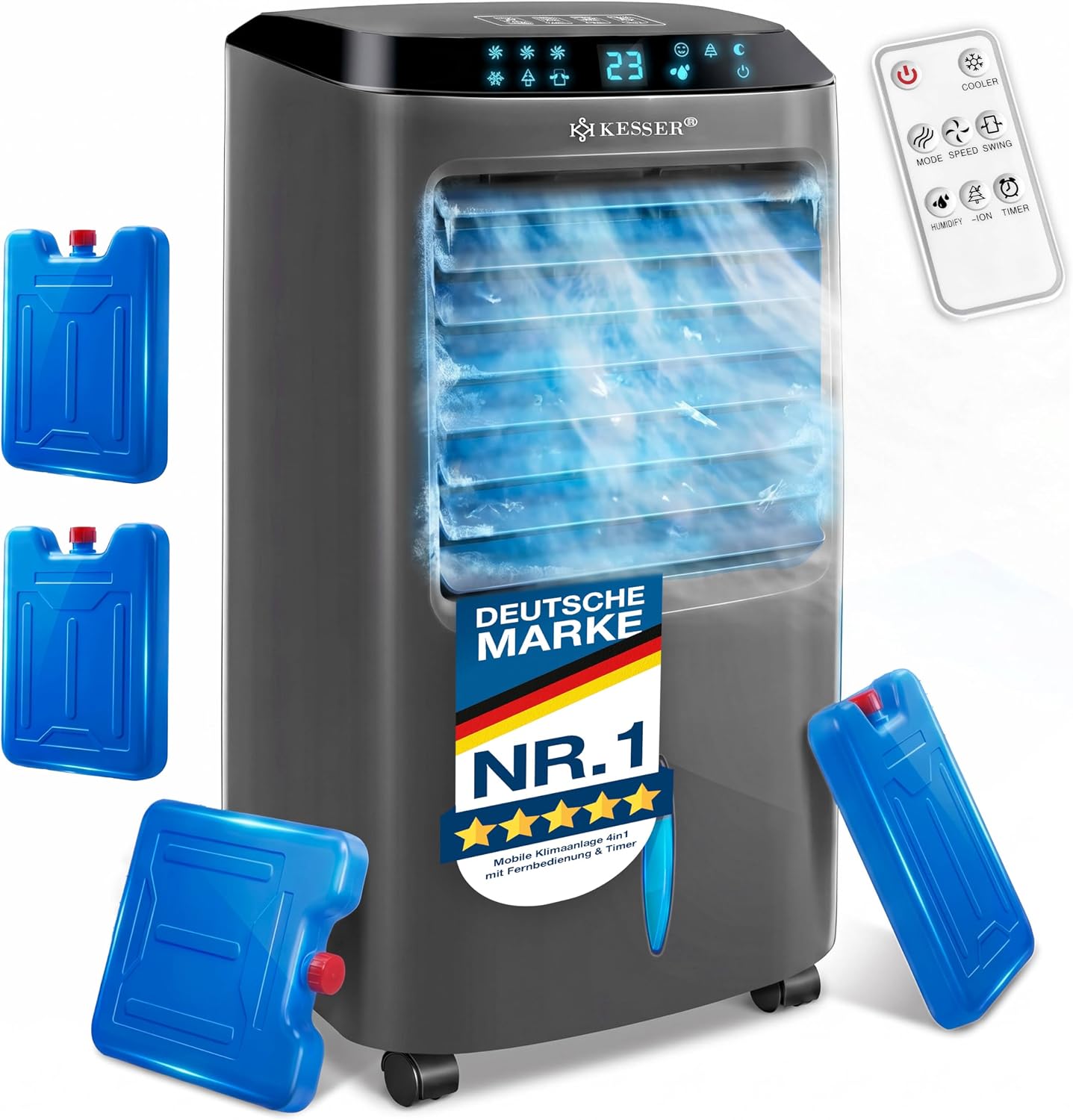 KESSER® Mobile Klimaanlage 4in1 Luftkühler – Air Cooler mit Fernbedienung & Timer, 10L Wassertank, Ionisator & Luftbefeuchter, Ventilator Klimagerät ohne Abluftschlauch, 3 Stufen inkl. Kühlakkus