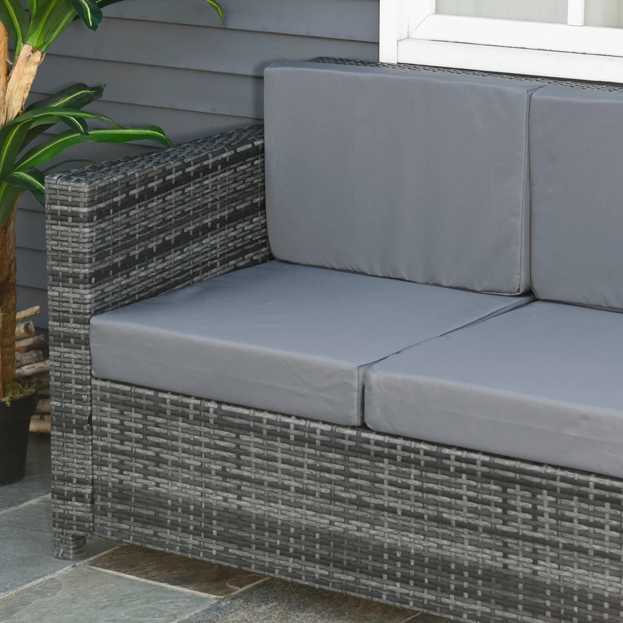 Outsunny Poly-rotan bank met kussens 3-zits loungebank tuin metaal polyester grijs