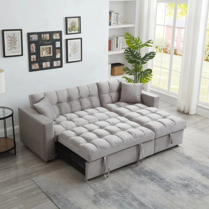 2025 Luxe Velvet Hoekbedbank met Kussen | Rechthoekige Chaise, Uittrekbaar Bed en Opbergruimte ?C SKU: BT2480B