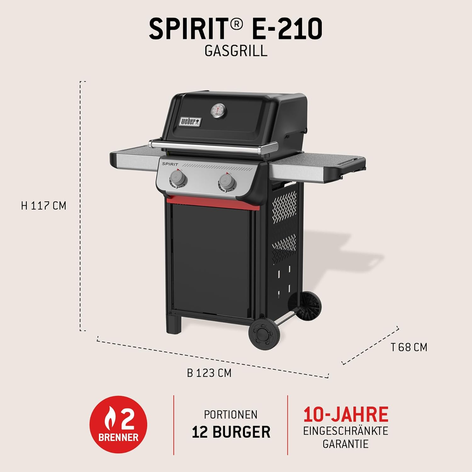 Weber Spirit E-210 Gasgrill, 2 Brenner, 51 x 46 cm Grillfläche, Warmhalterost, Deckelthermometer, 2 Räder - Schwarz/Silber (1500833)