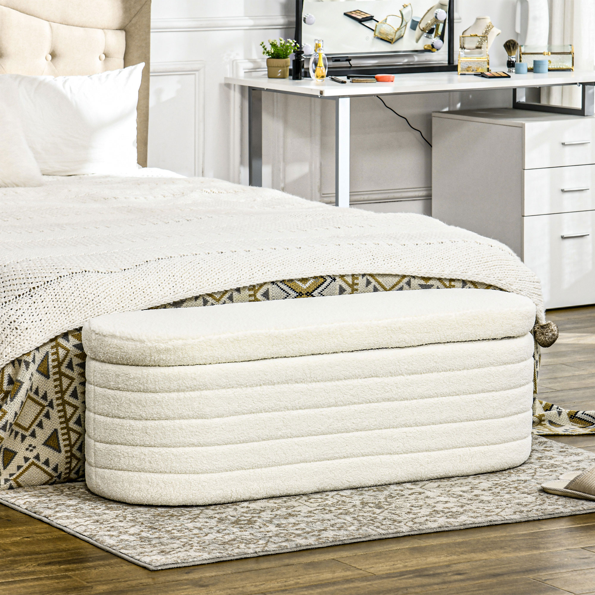 Bedbank met Opbergruimte, Teddy-Fleece, 116x41x40,5cm, Cr��mewit