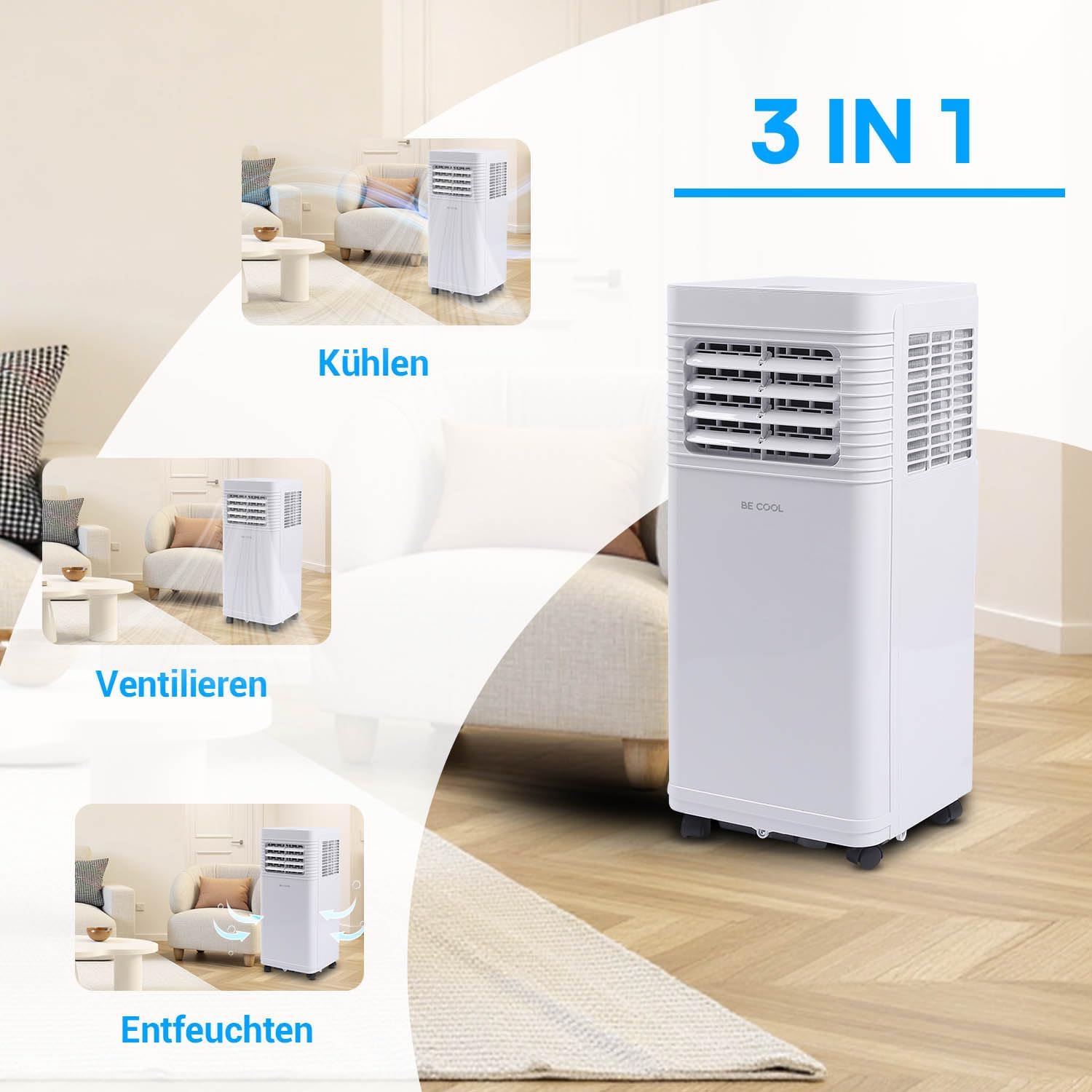 BE COOL Mobiles Klimagerät 7000 BTU mit WLAN, 3in1 Klimaanlage zum Kühlen, Entfeuchten & Lüften, für Räume bis 24 m², Fernbedienung, Timer, Schlafmodus, Energieklasse A, Weiß