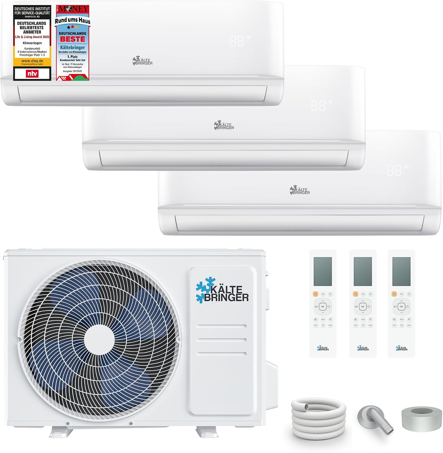 Kältebringer Multisplit Klimaanlage 3 Innengeräte - 27000 BTU - 7,9 kW - Inverter Klimagerät mit Heizfunktion, WiFi und App - sehr leise & energiesparend - Kühlen, Heizen, Lüften, Entfeuchten