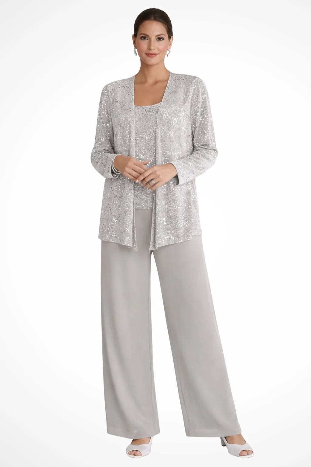 Damen Hosenanzug 3-teilig festlich | Set mit Pailletten-Spitzenjacke und weiter Hose | Elegantes Outfit f��r Hochzeitsg?ste