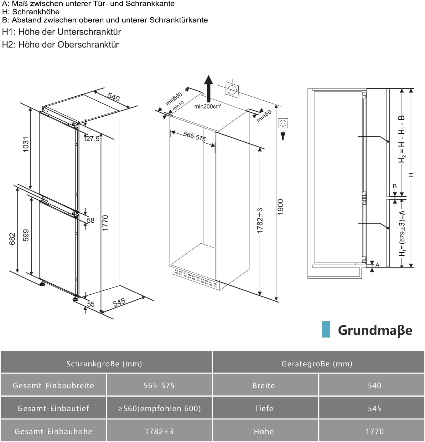 Einbaukühlschrank mit gefrierfach 177 cm hoch x 54 cm breit , 【 Nofrost Plus 】, kühl gefrierkombination einbau 178 kühlschrank | 225 L (181L/44L) | Energieeffizient | 5 hat | Leise | Türs Wechselbar