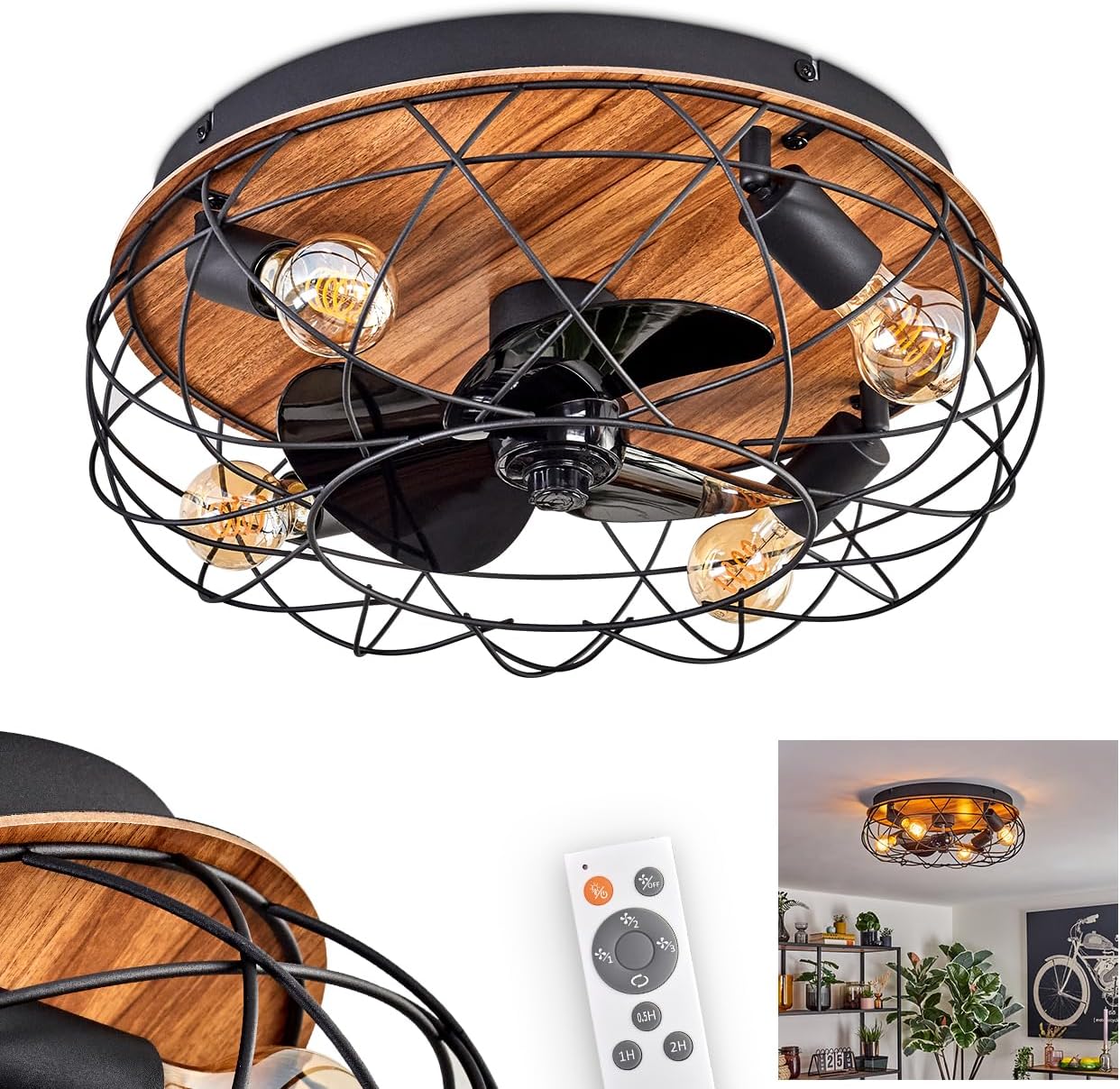 LED Deckenventilator Tourais, Ventilator aus Metall/MDF in Schwarz/Holzoptik, Deckenleuchte im Retro/Vintage-Design in Gitter-Optik, Lichteffekt u. Fernbedienung, Wohnzimmer, Schlafzimmer, Esszimmer