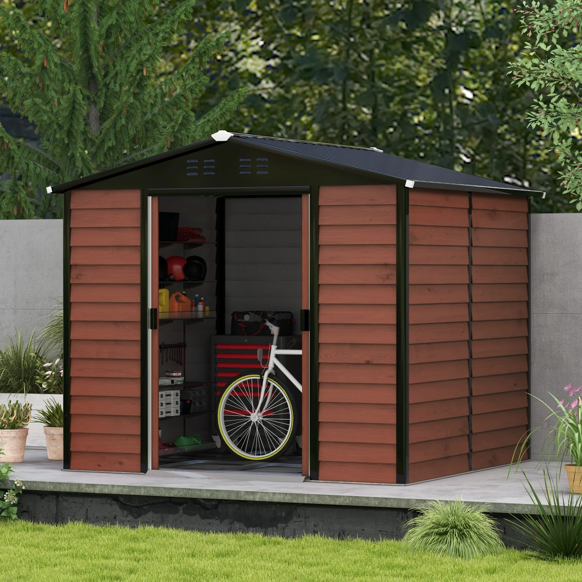 Outsunny Metalen Tuinschuur, Weerbestendig & Roestvrij, Afsluitbaar, 2,40 x 2,06 x 1,98 m, Teak