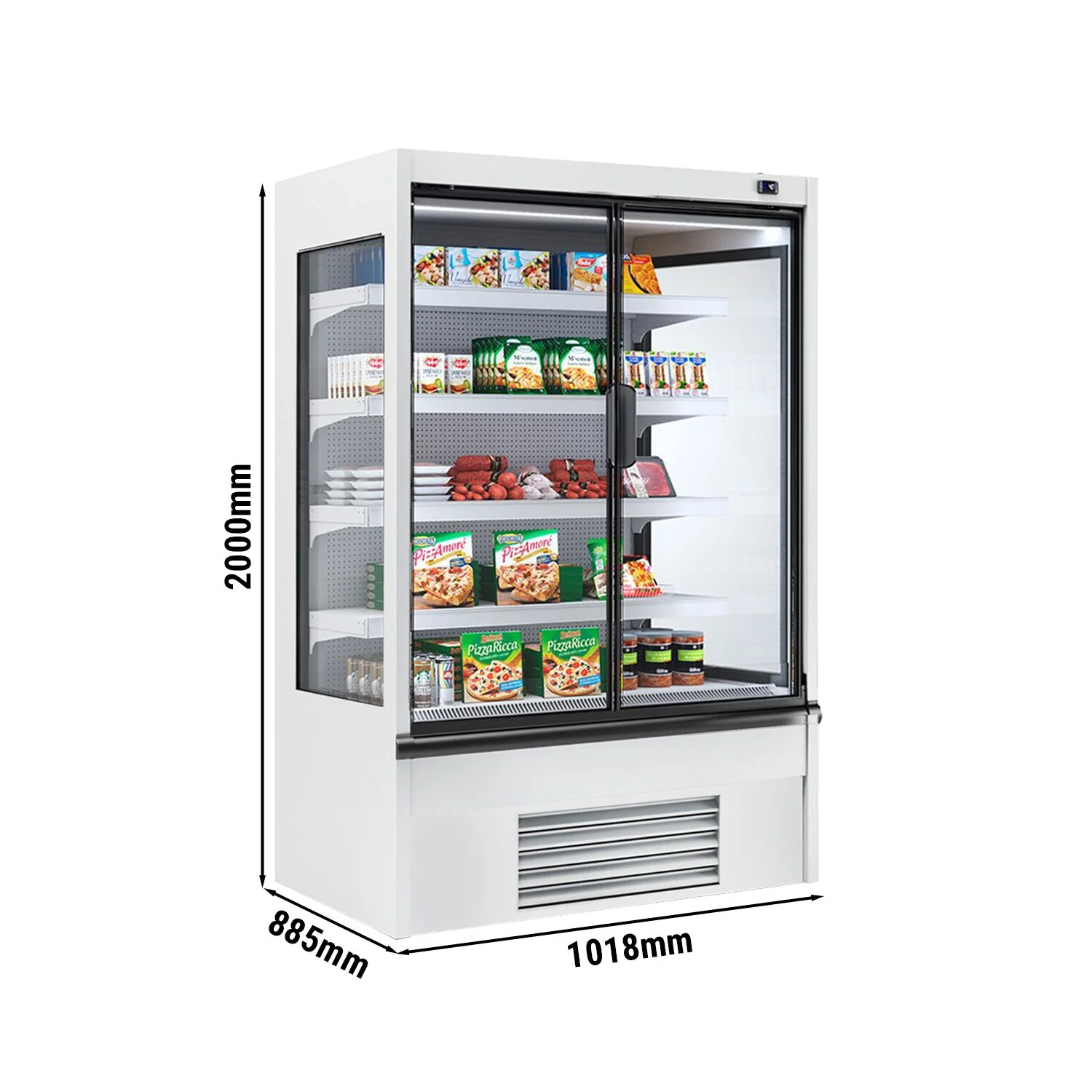Kjølereol - 1 018 mm - 602 l - +2 °C til +4 °C - med 2 hengslede glassdører, med dobbelt isolerglass & 4 hyller - hvit