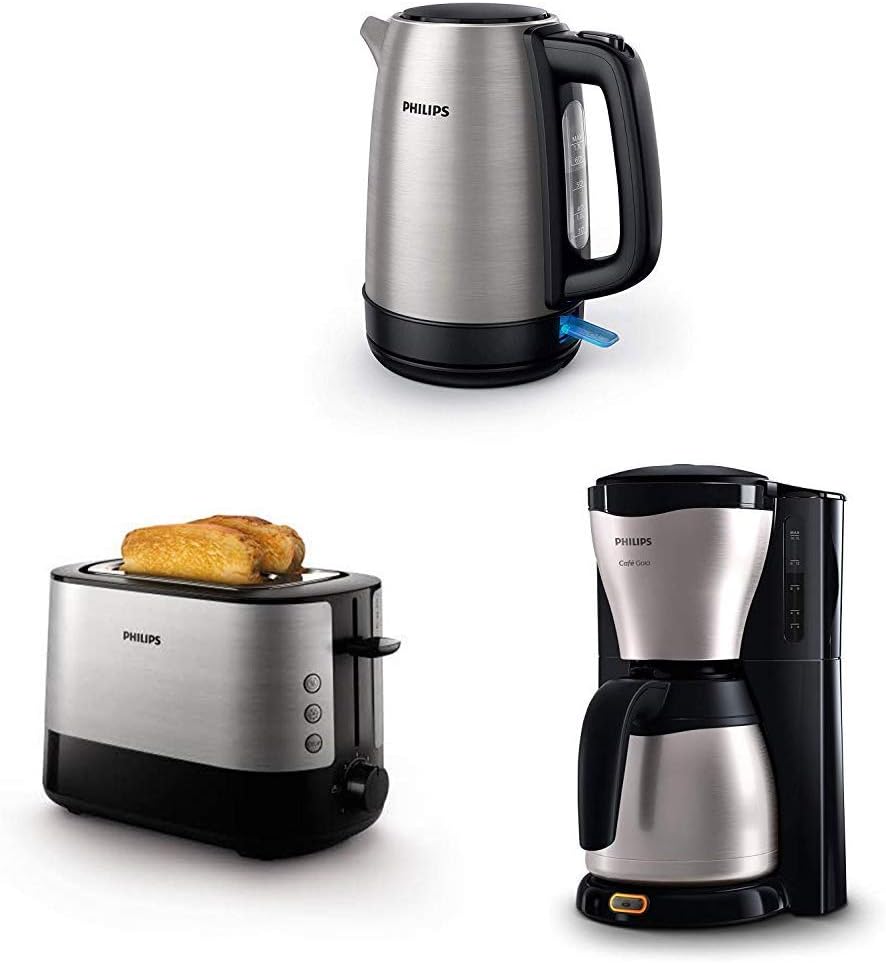 Philips HD9350/90 Wasserkocher (2200 Watt, 1.7 Liter) [Energieklasse A+++] + HD2637/90 Toaster (7 Stufen, Brötchenaufsatz, Stopp-Taste, 1000 W) + HD7546/20 Gaia Filter-Kaffeemaschine mit Thermo-Kanne