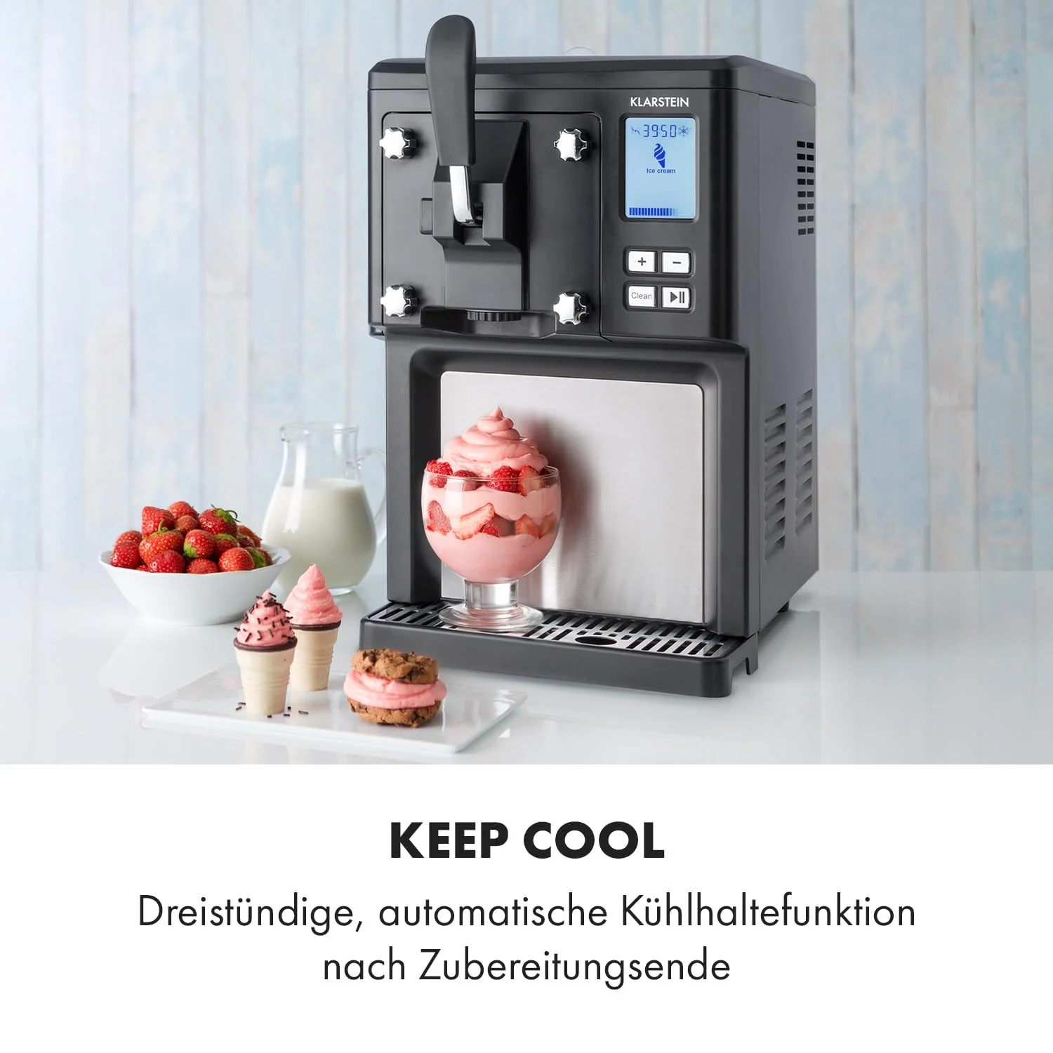 Klarstein Sweet Sundae - IJsmachine, 1,5 liter, met zelfkoelende compressor, 200 watt, doseersysteem, 3 uur automatische koelhoudfunctie, reinigingsautomaat, roestvrij staal, zwart