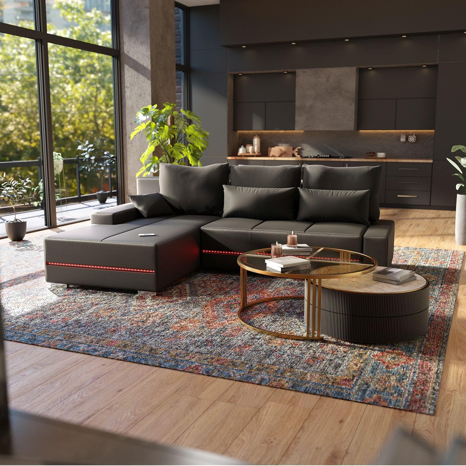 Juskys Sofa Davos Links mit Schlaffunktion - Ecksofa für Wohnzimmer mit Bettkasten & LED - Stoff Schlafsofa L Form Couch Beleuchtung - Dunkelgrau