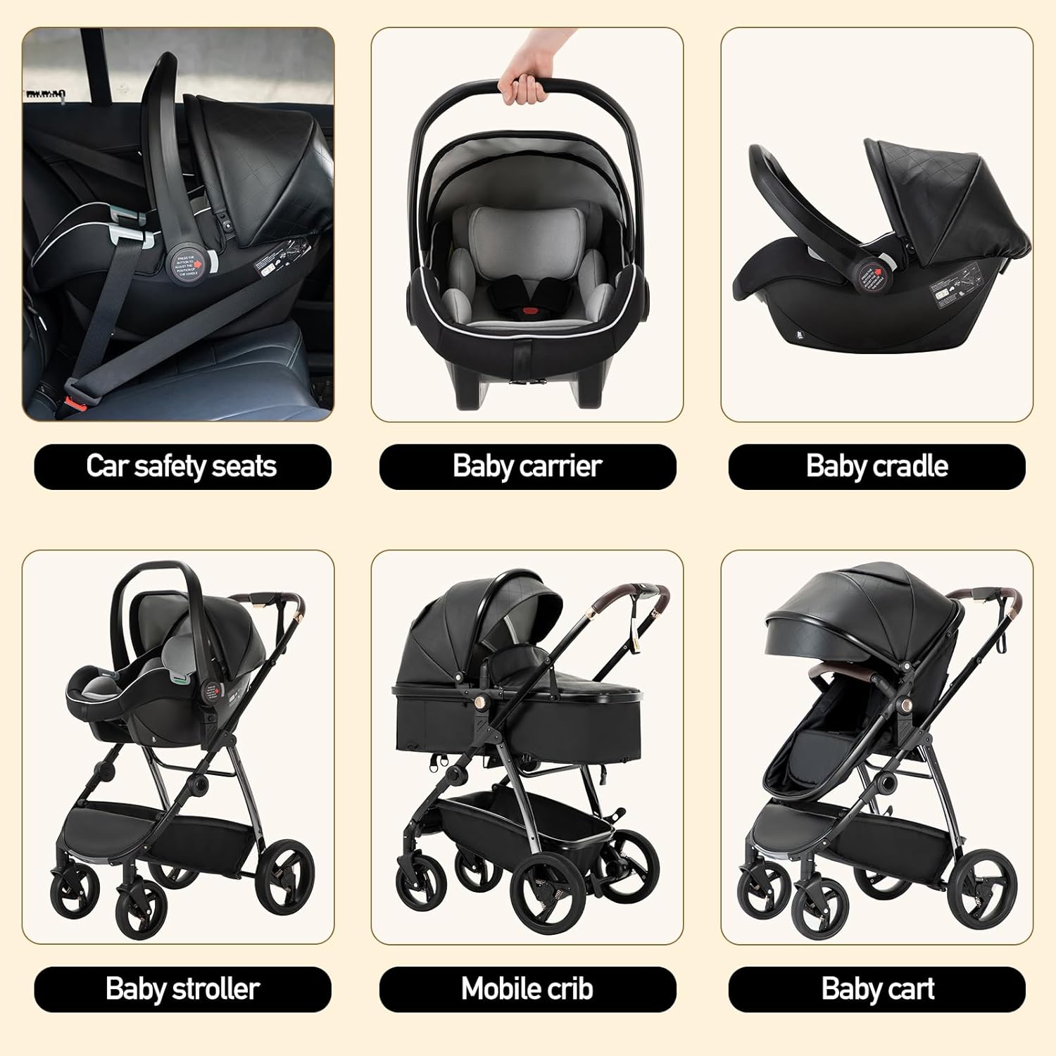 Gcarebb 3 in 1 Kinderwagen, Buggy Mit Auto Babyschale, Mit Höhenverstellbarer Kinderwagen Komplettset, KombiKinderwagen Mit Aluminiumrahmen für Neugeborene 0-4 Jahre