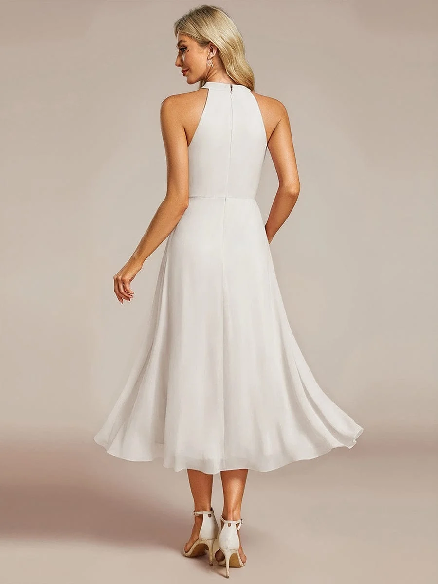 Damen Chiffon Midi-Kleid in A-Linie | Festliches Halterneck Kleid mit Plissee-Details | Sommerliches Kleid f��r Hochzeitsg?ste