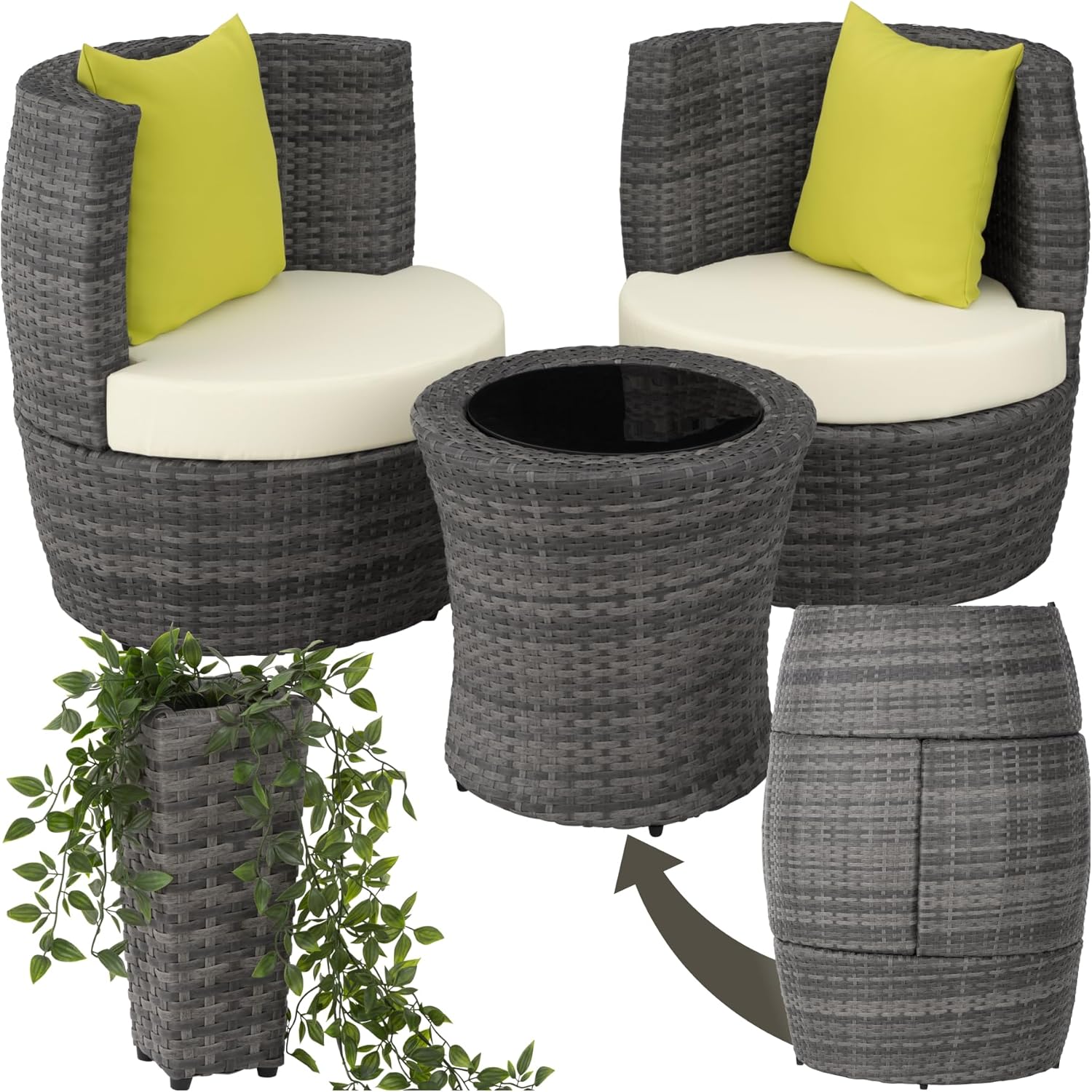 tectake® Rattan Set 2 Personen, Balkonmöbel, Aluminium Gartenmöbel Set, Outdoor Sitzgruppe mit 2X Stuhl, 1 Beistelltisch rund, 1 Vase, platzsparend zusammenschiebbar, mit Polster und Kissen - grau