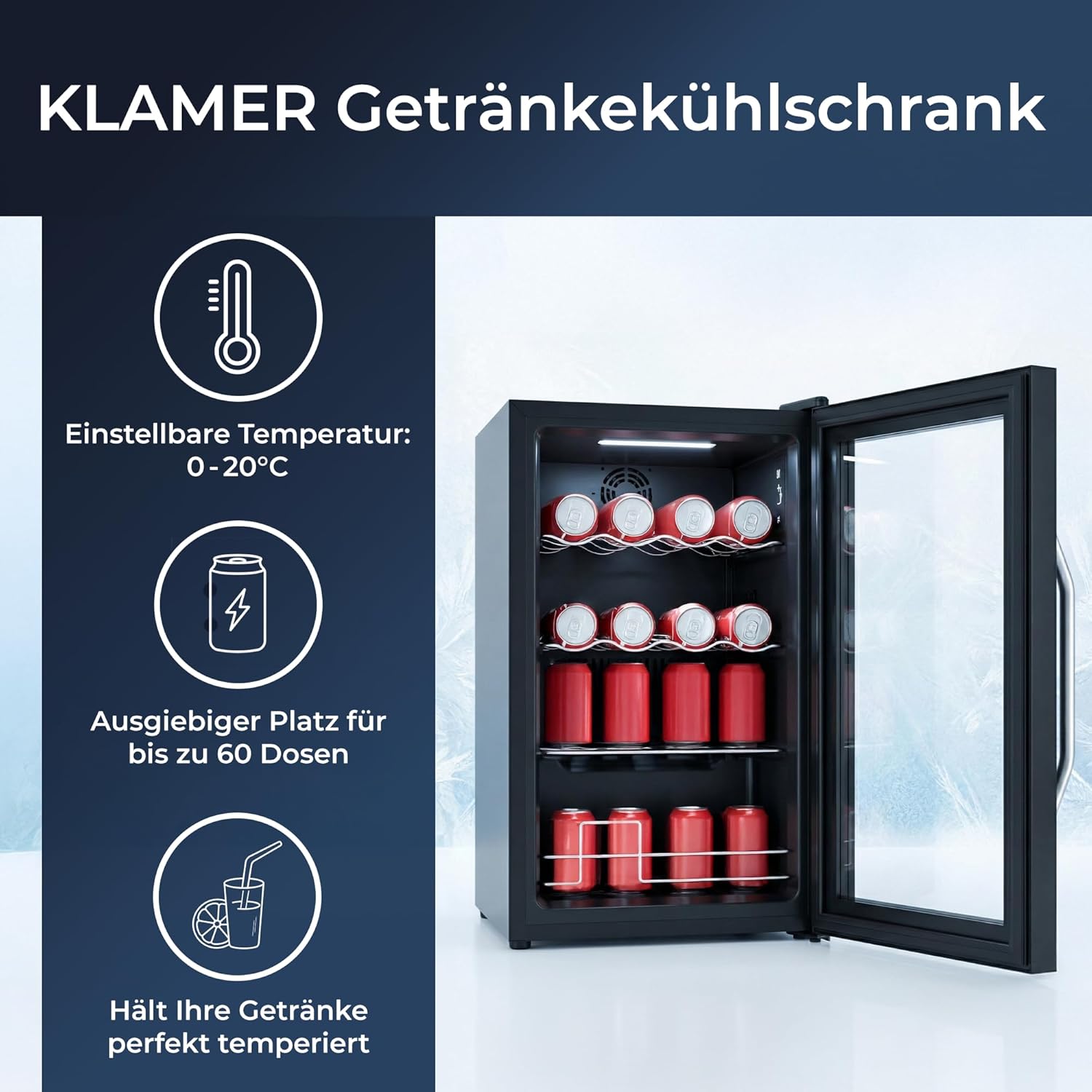 KLAMER Getränkekühlschrank 60 L, Mini Kühlschrank bis 60 Dosen, 0–20°C Touch Display, Glasfront, Automatische Abtaufunktion, Edelstahlgriff, Kühlschrank ohne Gefrierfach