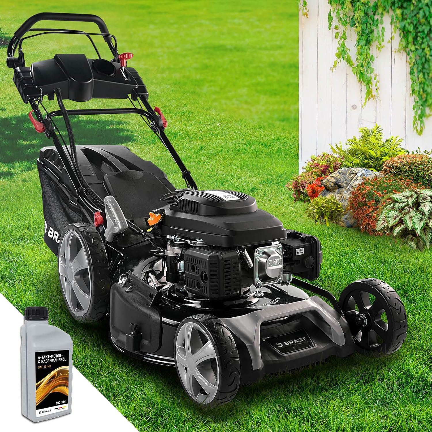 BRAST Benzin Rasenmäher mit Antrieb | 5,2kW (7PS) | 55cm Schnittbreite | viele Modelle | TÜV | 30-80mm Schnitthöhe | 60L Fangkorb | 4 Takt OHV Motor | Stahlgehäuse | Power