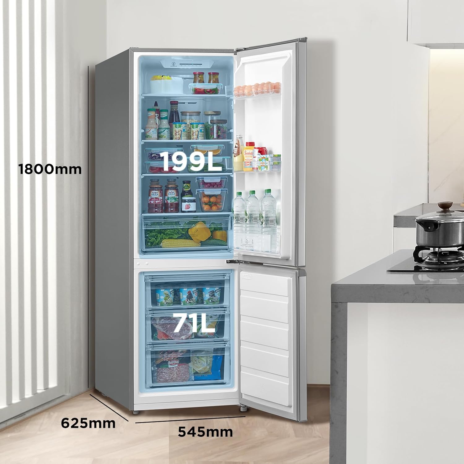 Midea Kühlschrank mit Gefrierfach MERB276FGE02A | 270L Kühl-Gefrierkombination (199L + 71L) | No Frost, All-Around Cooling | Doppelte Steuerung & Digital Control | Super-Kühl, LED | 180 cm, Edelstahl
