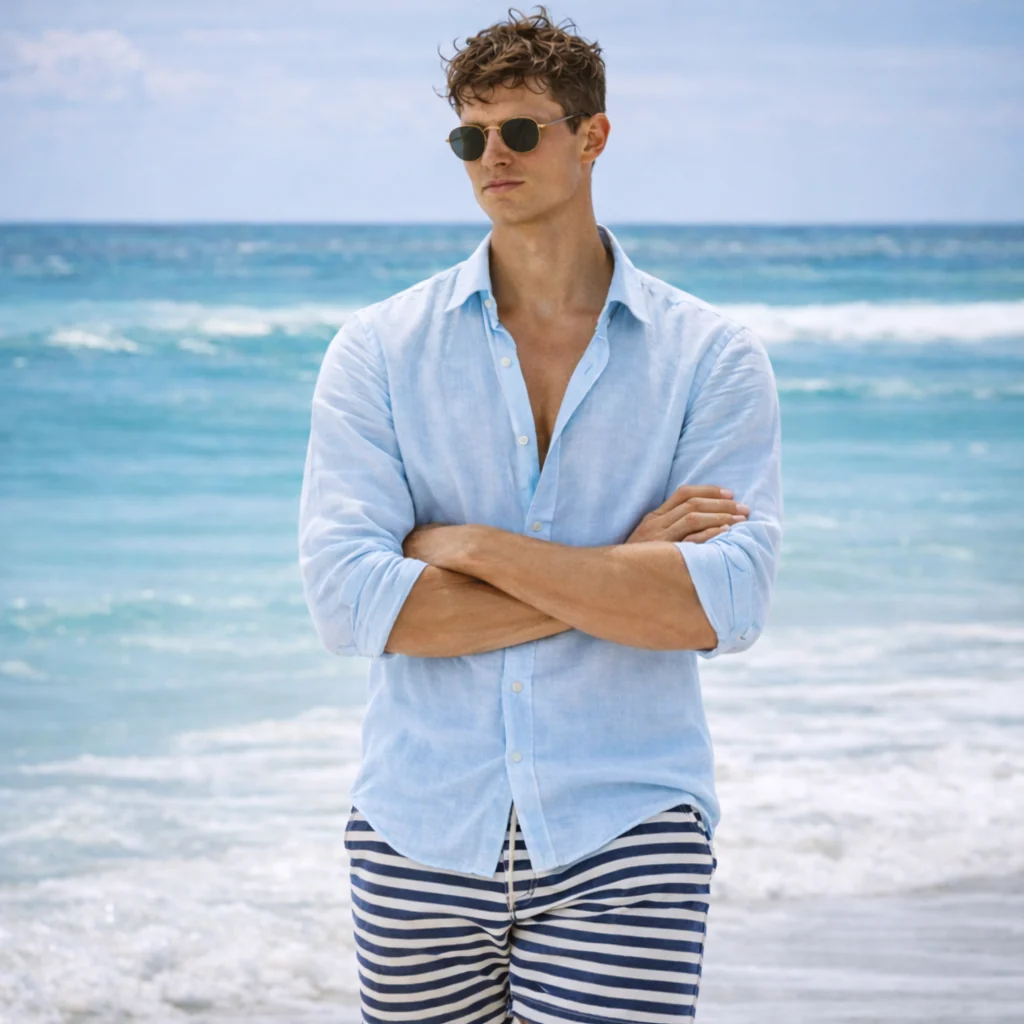 Leinen-Sommerhemd �C Button-Down mit Krempel?rmeln f��r Herren