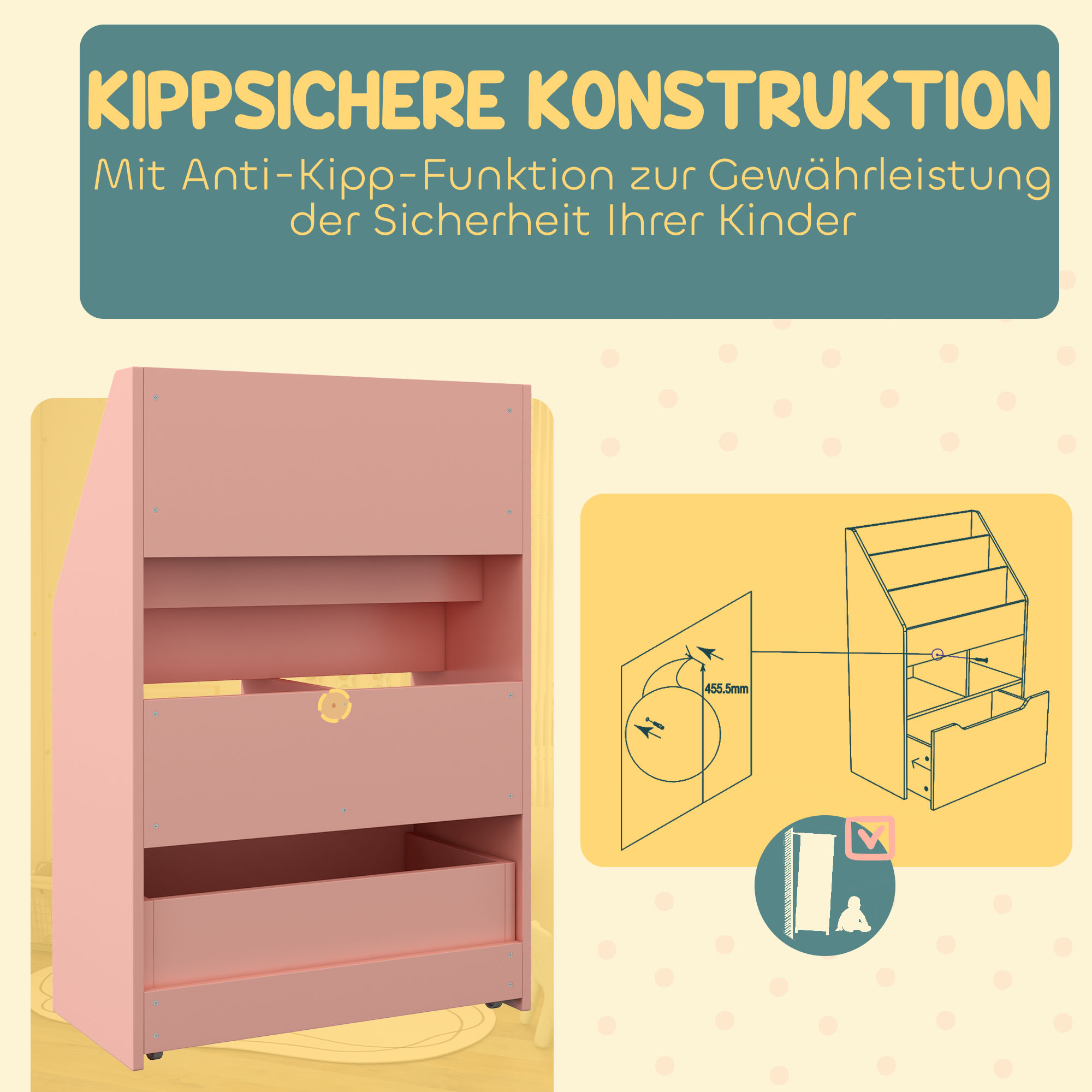 Kinderrek met Lade en Boekenrek met Vakken, 60 x 29,9 x 90 cm, Roze