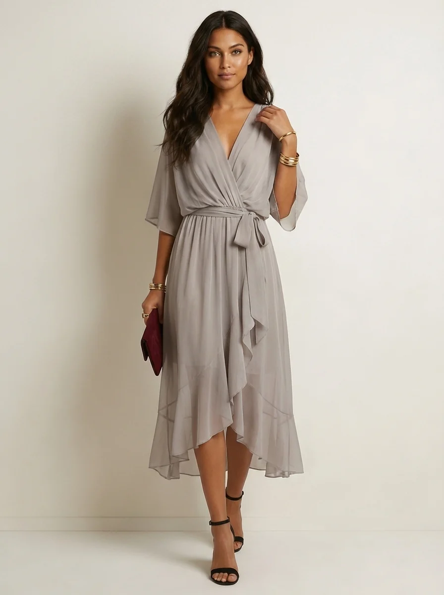 Damen Midi-Wickelkleid mit V-Ausschnitt | Flie?endes Kleid mit Bindeg��rtel und asymmetrischem Saum f��r Freizeit und Anl?sse