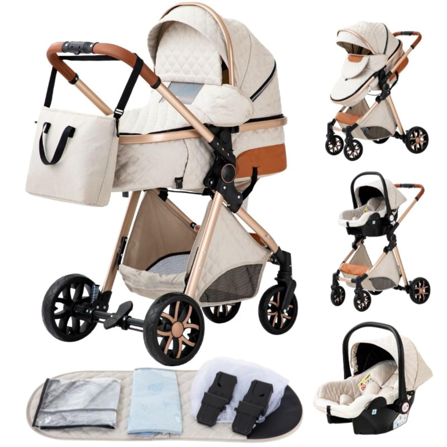 YAZOCO kinderwagen 3 in 1, Zusammenklappbar kinderwagen mit Wickeltasche,Komplettset Becherhalter,Moskitonetz, Fußabdeckung,Sitzzubehör (4 Rosa)