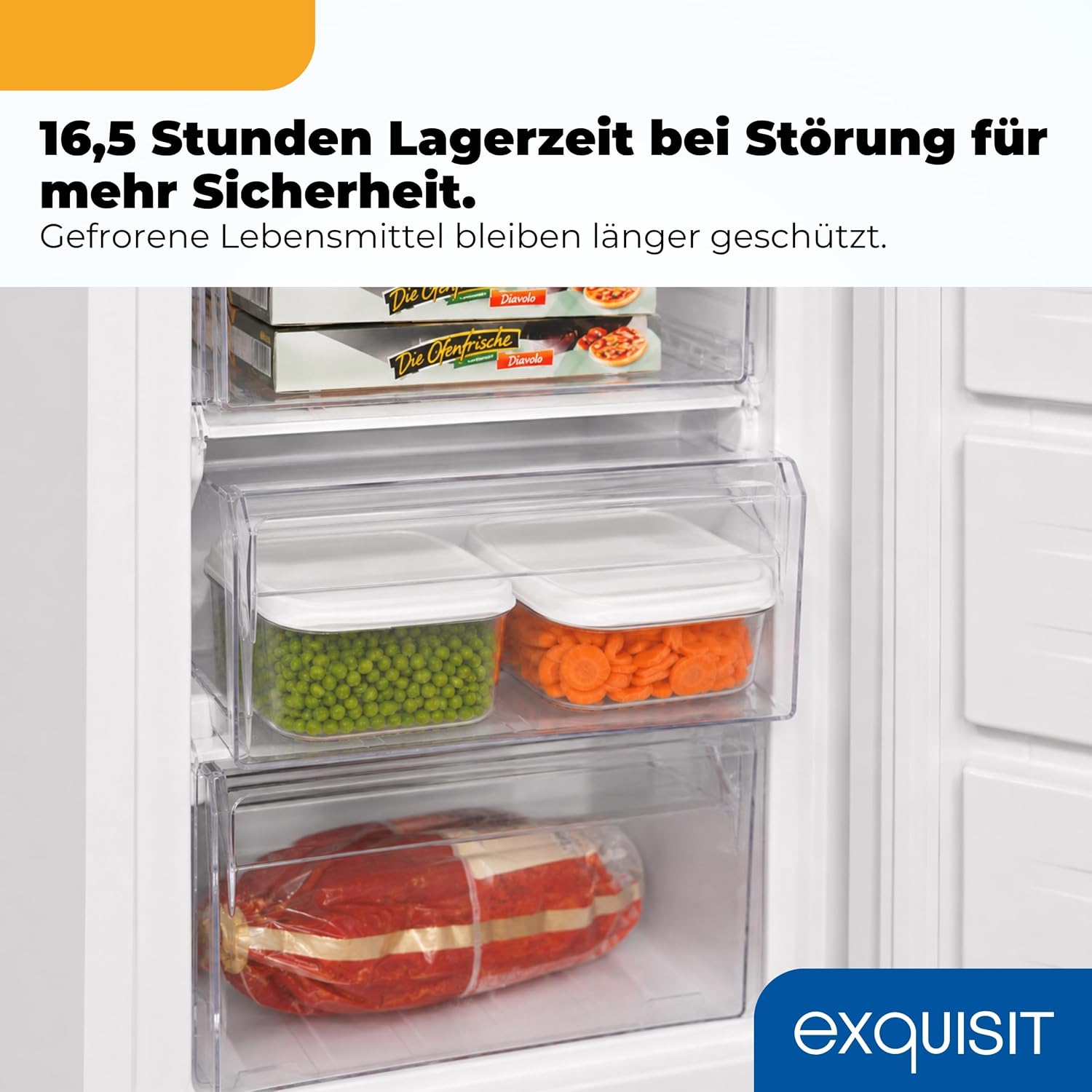 Exquisit Gefrierschrank | 168 l Nutzinhalt, 4 Sterne Gefrierfach, 40 dB, Energieklasse D | manuelle Temperaturregelung, 4 Gefrierschubladen, Gefriertablett | GS5230-H-040D weiss