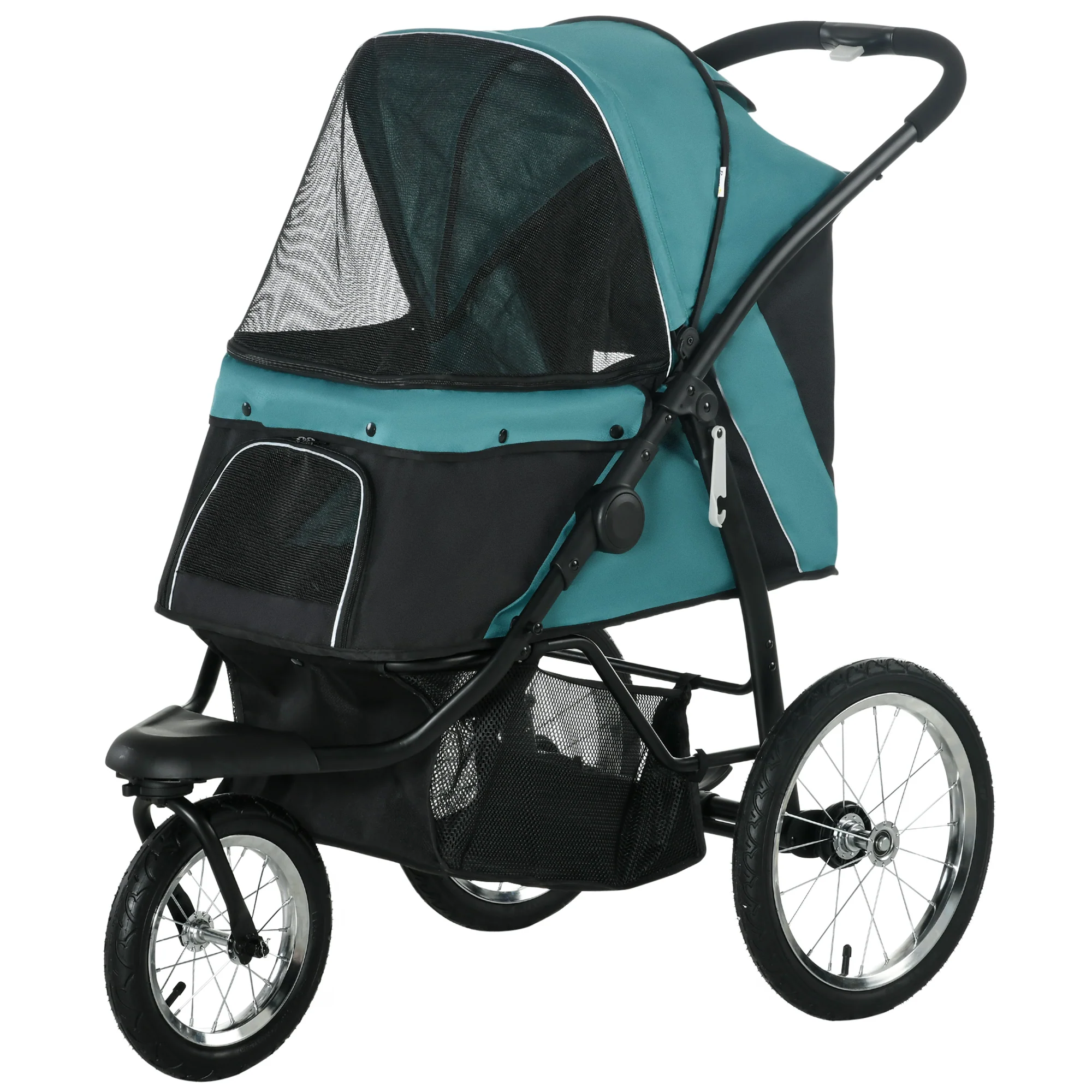 PawHut Inklapbare Hondenbuggy met Zonnescherm, Netramen, Opbergmand, Donkergroen, 111 x 58 x 107 cm