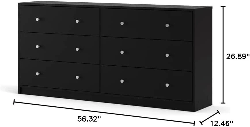 3-Pc Scandinavian Design Engineered Wood Bedroom Furniture Set with 3-Drawer Chest & 6-Drawer Double Dresser & 1-Drawer Nightstand, Pewter Plastic Handles, Smooth Plastic Glides, in Black
