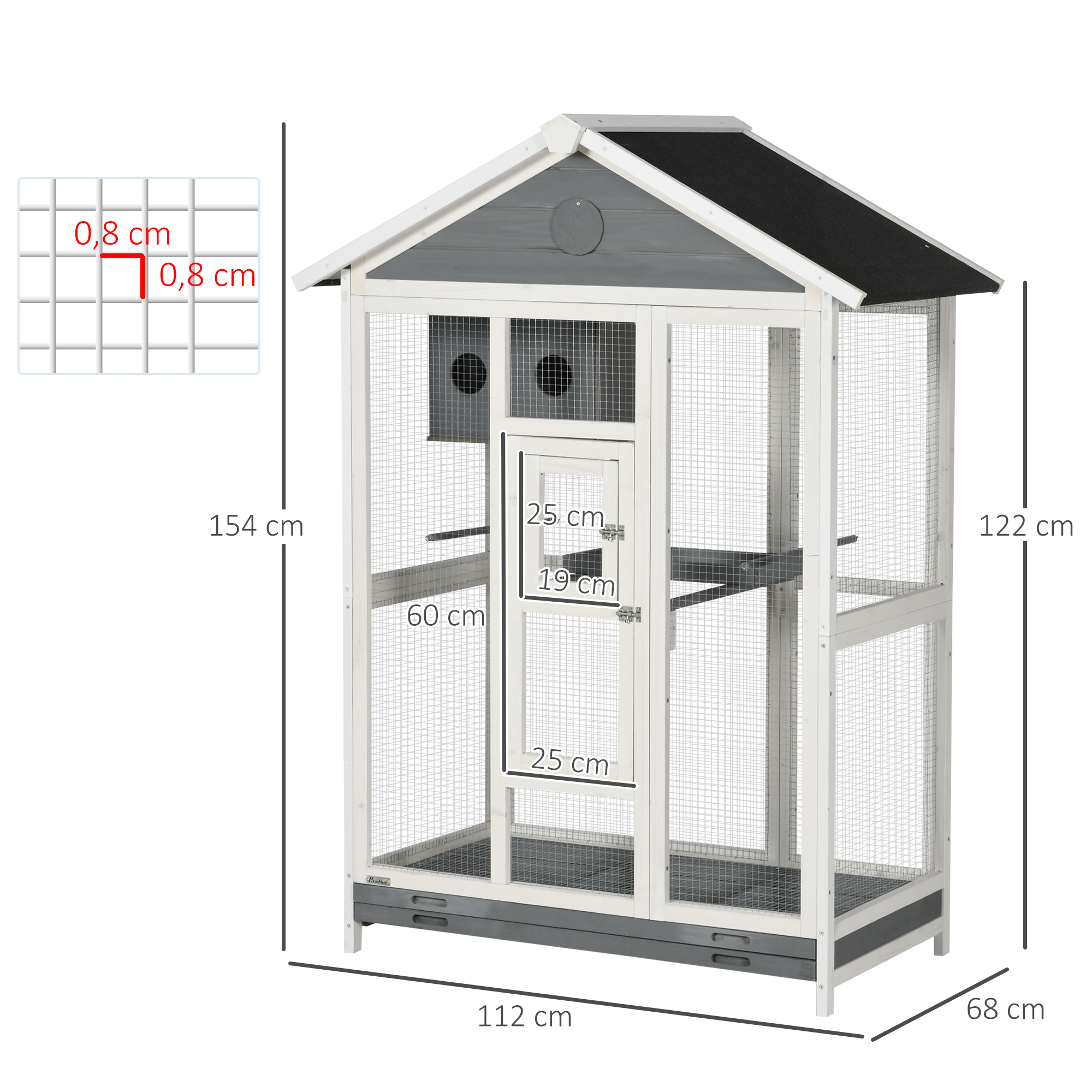 PawHut Houten vogelkooi met 4 zitstokken, asfaltdak, waterdicht, 112 x 68 x 154 cm