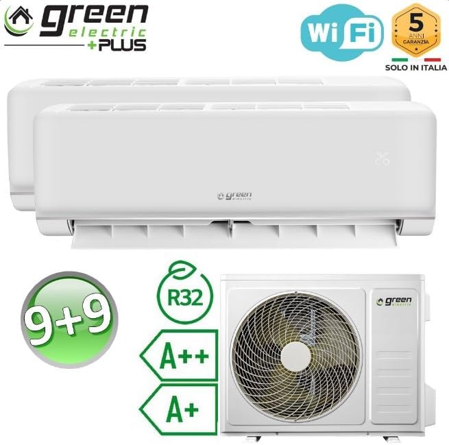 Plus Klimaanlage Dual Split 9000+9000 BTU, Wi-Fi, R32, Energieeffizienz A++/A+, Klimagerät mit Zwei Inneneinheiten und 1 Außeneinheit, Fernbedienung, App-Steuerung, Niedriger Verbrauch