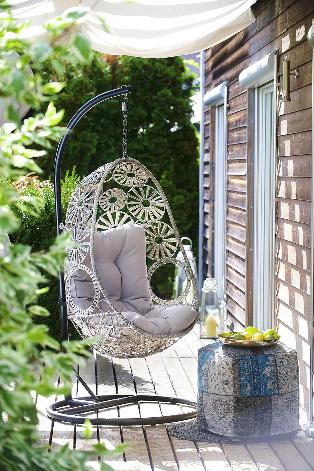 Kobolo Hängekorb Hängesessel Flower mit Gestell Relaxzone Polyrattan grau meliert - geeignet für den Innenbereich geschützten Außenbereich Belastbar bis 120kg