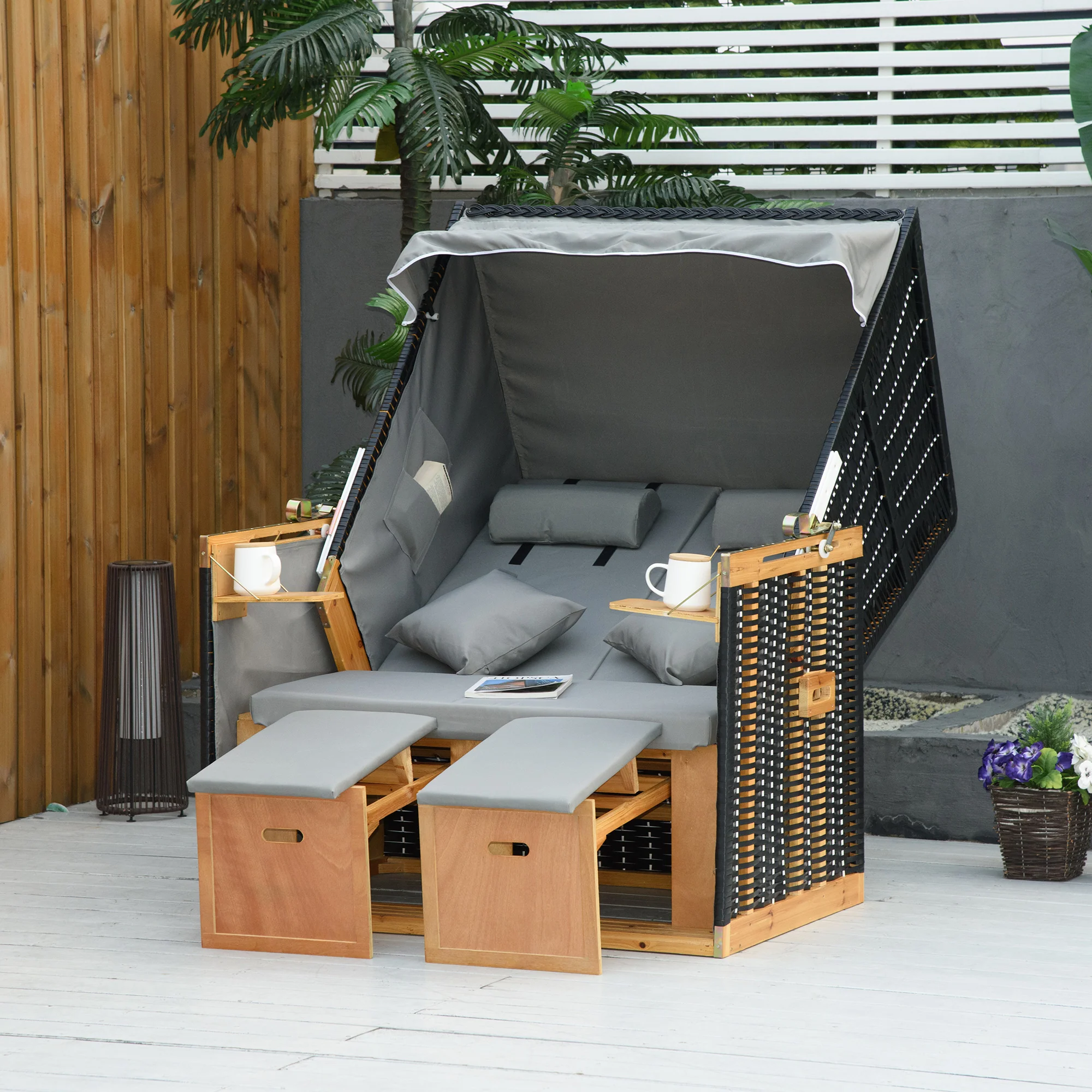 Outsunny strandstoel met dak rotan look klaptafel lichtgrijs 118 x 79 x 150 cm