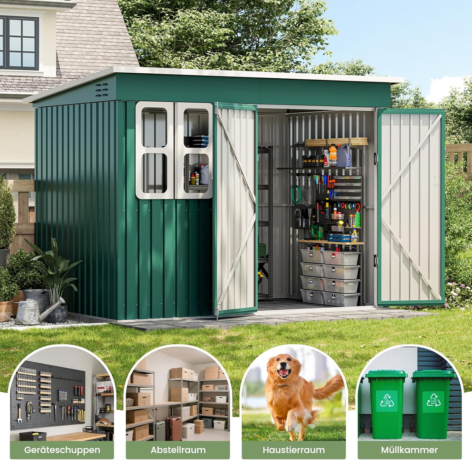 UDPATIO Gartenhaus Metall 260 x 176 x 190 cm mit Fenster, abschließbarer Tür und Belüftung, Fahrradgarage mit Pultdach, Geräteschuppen für Werkzeuge, Ausrüstung, Wasserdicht, Verzinkter Stahl, Grün