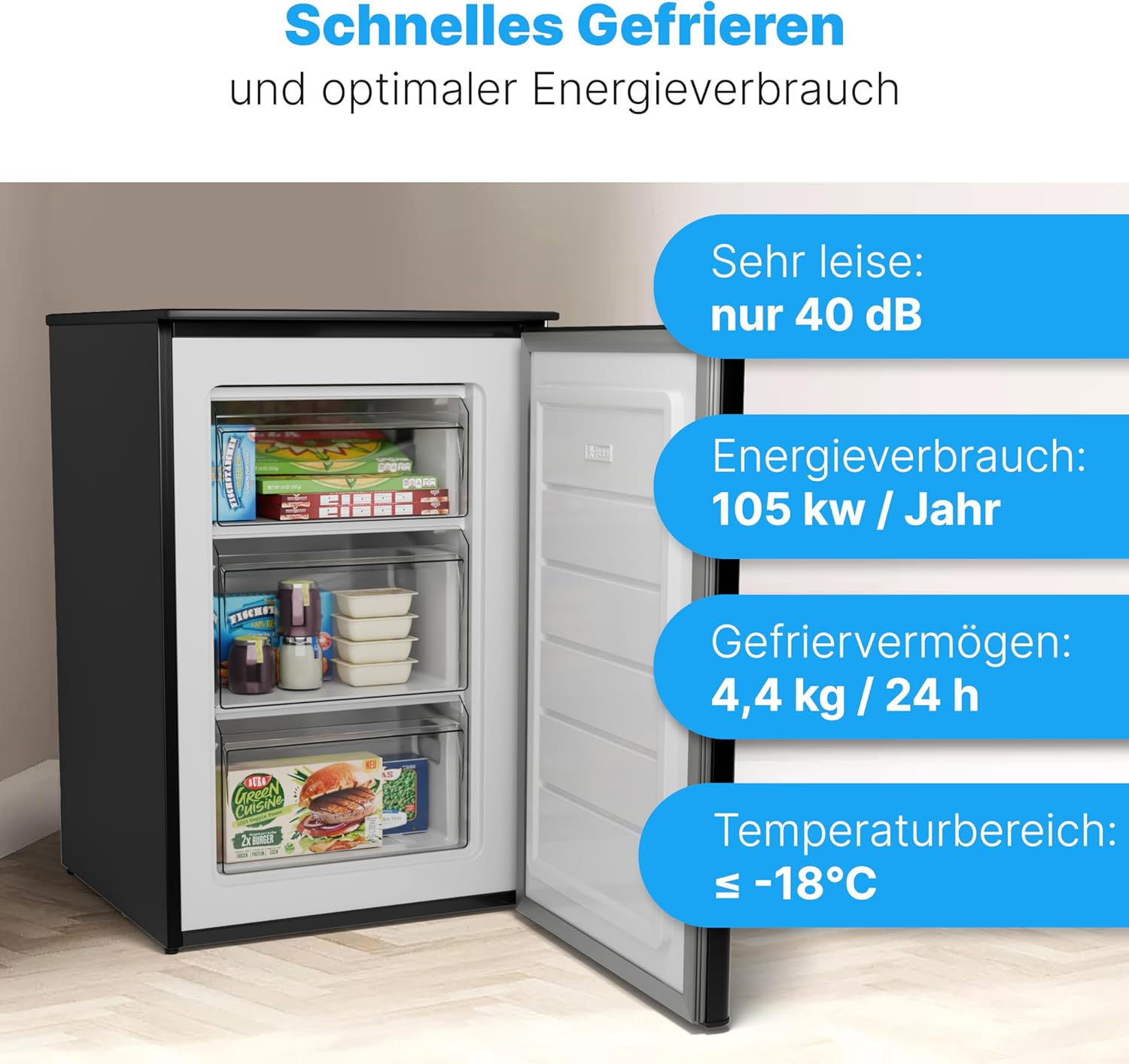 Bomann Gefrierschrank 87L | Gefrierschrank klein mit Temperaturbereich ≤ -18°C | 3 Schubladen | Tiefkühlschrank mit wechselbarem Türanschlag | Freezer Tiefkühlschrank klein GS 7253 weiß