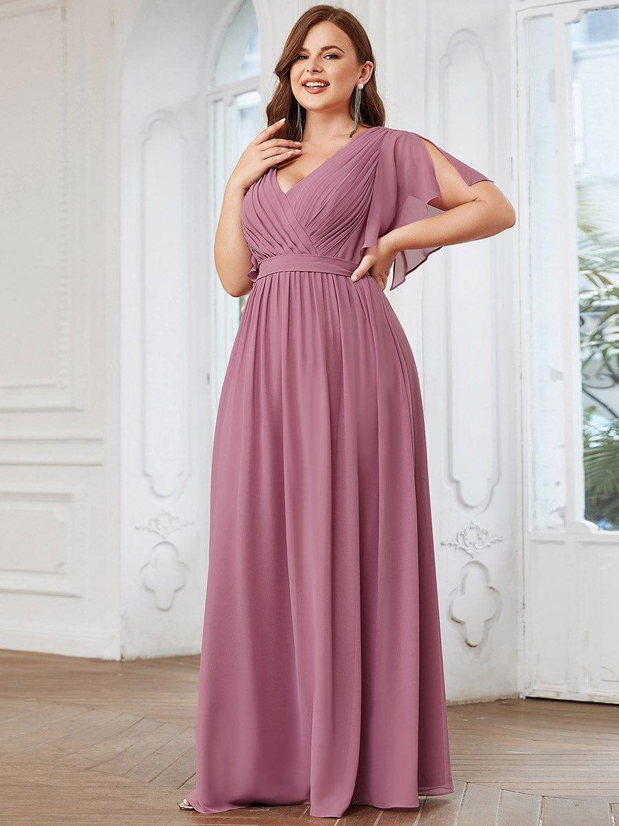 Abendkleid Damen Maxi A-Linie aus Chiffon | Festliches Kleid f��r Hochzeitsg?ste mit V-Ausschnitt und Fl��gel?rmeln