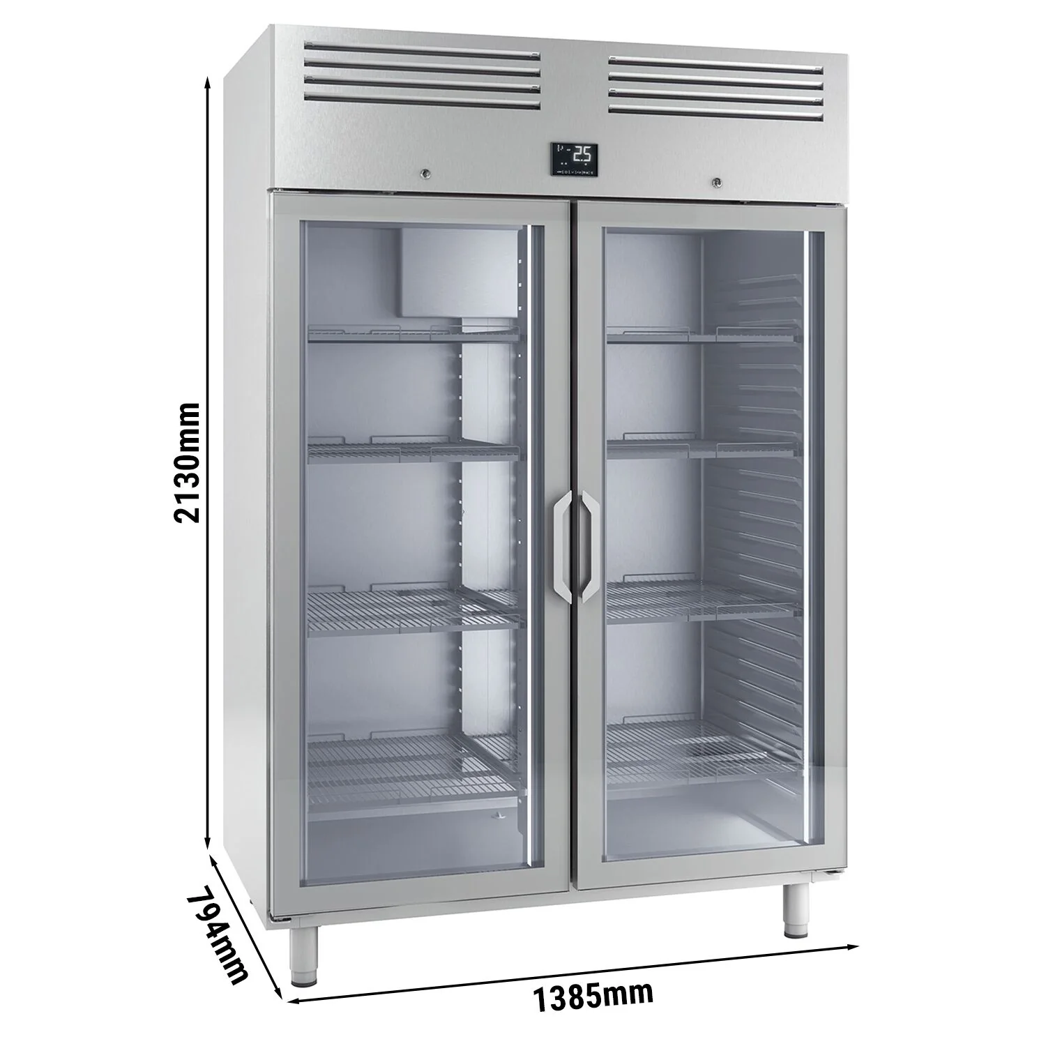 Kjøleskap i rustfritt stål Premium PLUS - GN 2/1 - 1 385 mm - 1 240 l - til -2 °C til +8 °C - med 2 glassdører - Ventilert kjøling, LED-belysning, R290, Selvlukkende dør med lås