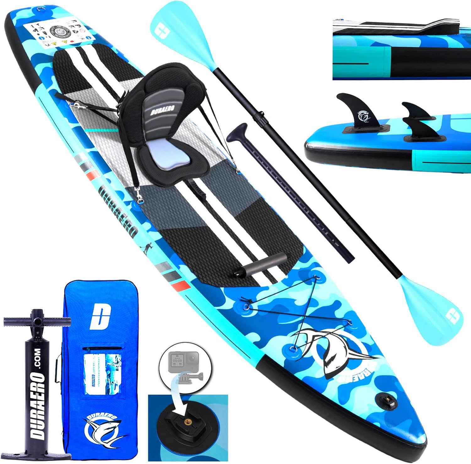 Inflatable Paddle Board with Kayak Seat, 330 x 76 x 15 cm, up to 150 kg, Integrated Pad, Detachable Fin, Double Adjustable Paddle, Repair Kit, Blue Camouflage