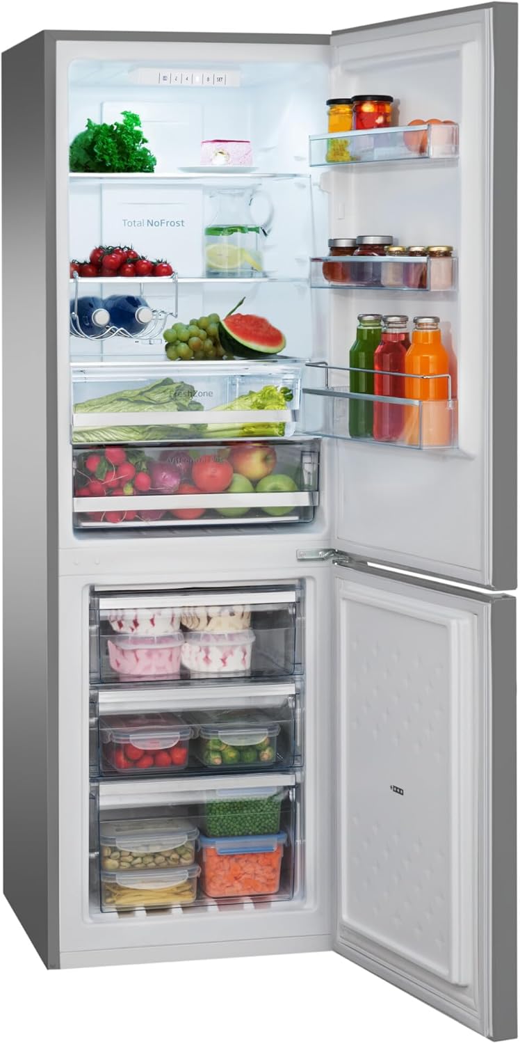 Amica Kühl‑Gefrierkombination freistehend 231 l Total NoFrost FreshZone VitControlPlus Superkühlfunktion 170 x 54 x 57,6 cm – Kuehlschrank Freistehend Edelstahloptik