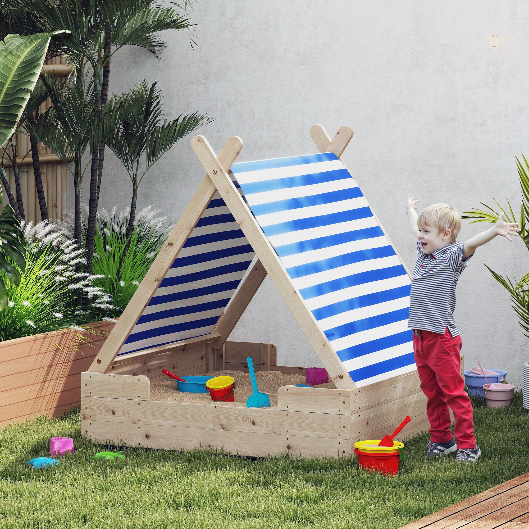 AIYAPLAY Zandbak voor Kinderen, Zandbak met Weerbestendig Tentdak, voor 3 Kinderen van 3-6 Jaar, 120 x 120 x 126,5 cm