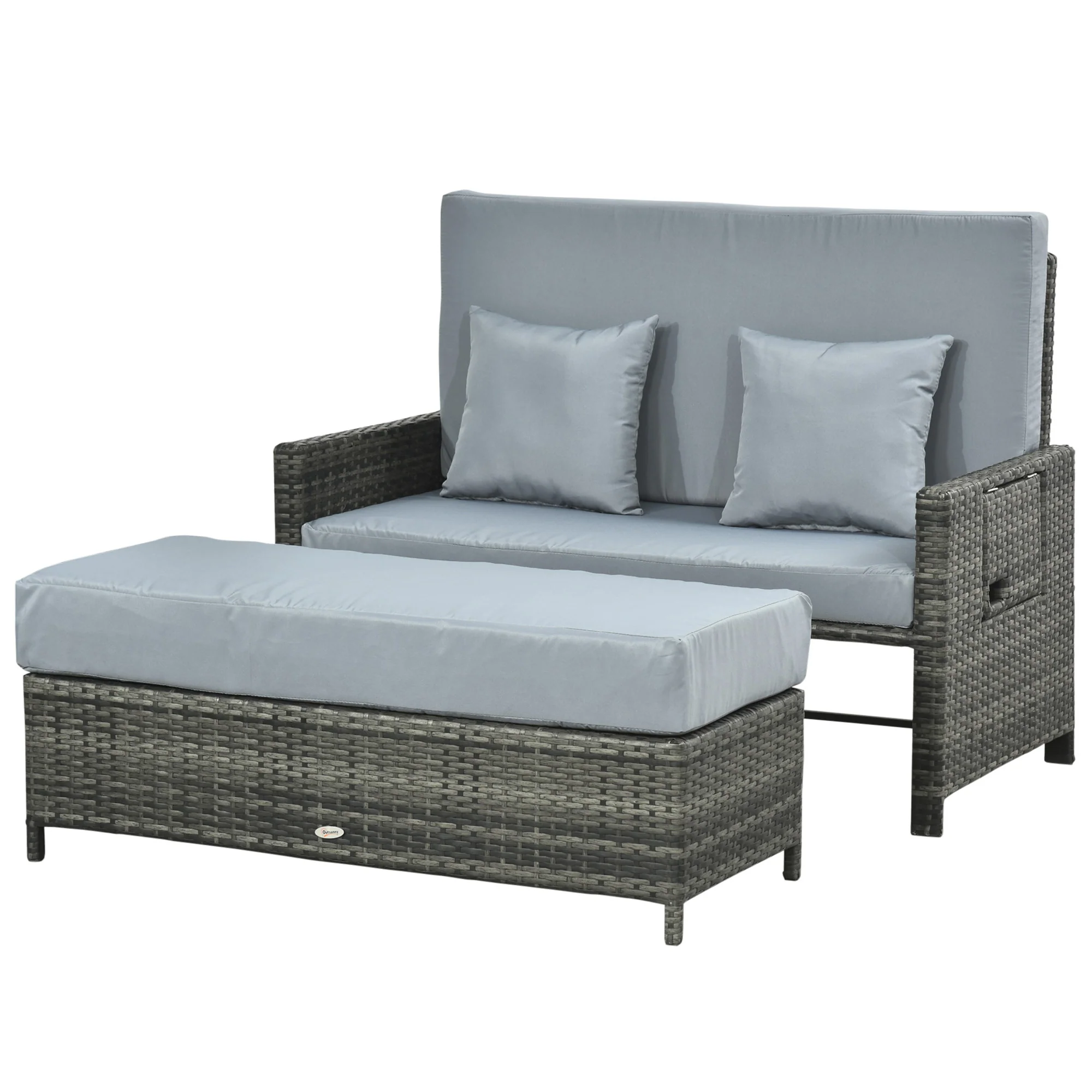 Outsunny Poly-rotan loungebank 2-zits set ligstoel kruk grijs