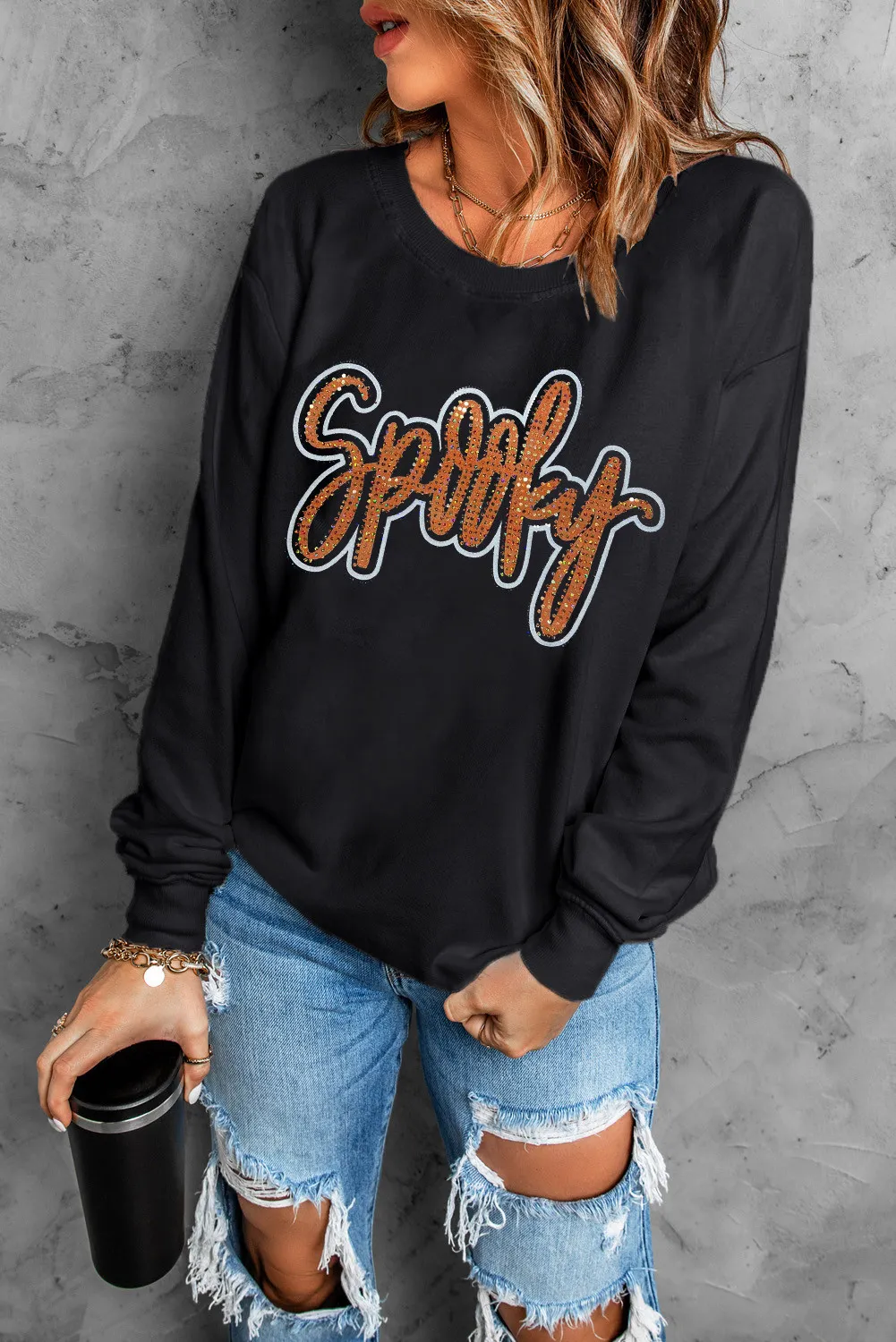 SPOOKY Womens Rhinestone Long Sleeve Holiday Sweatshirt