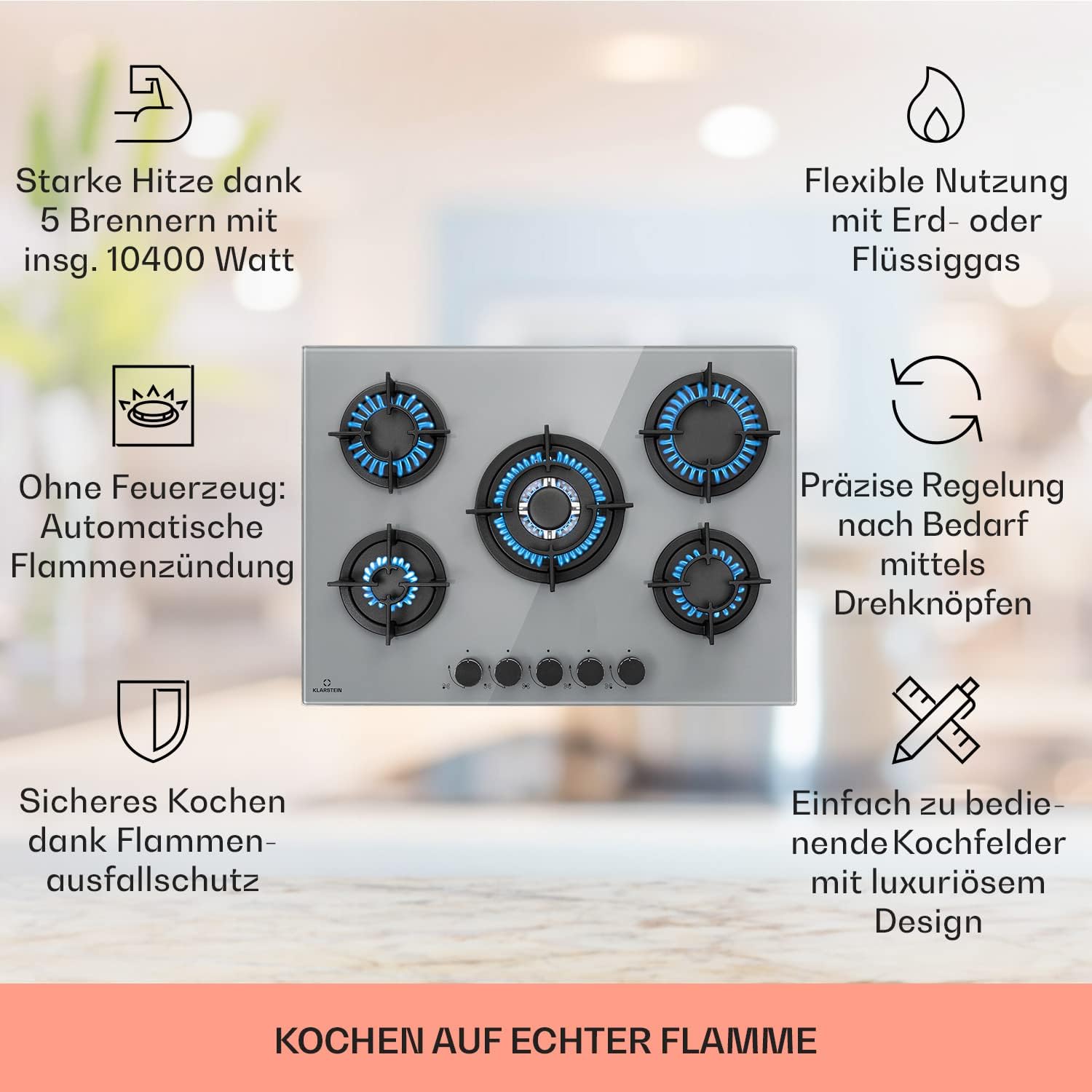 Klarstein Gasherd, Einbau-Gasherd für Propan Gasflasche, Gaskochfeld 4 Flammig, Gasherd für Küche, Camping & Wohnmobil, 8000 W Kochplatte, LPG Gaskocher, Herdplatte für Propangas, Edelstahl Gas-Herd