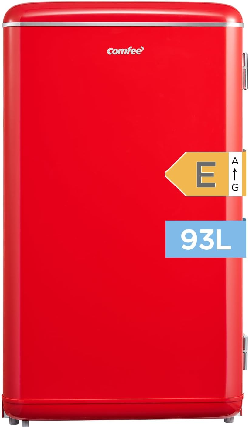 Comfee' RCD93RE2EURT(E) Kleiner Kühlschrank 93 L, Retro-Design, Mini-Kühlschrank mit einer Tür, einstellbare Temperatur, leise, geeignet für Zuhause, Büro und Hotel, Rot