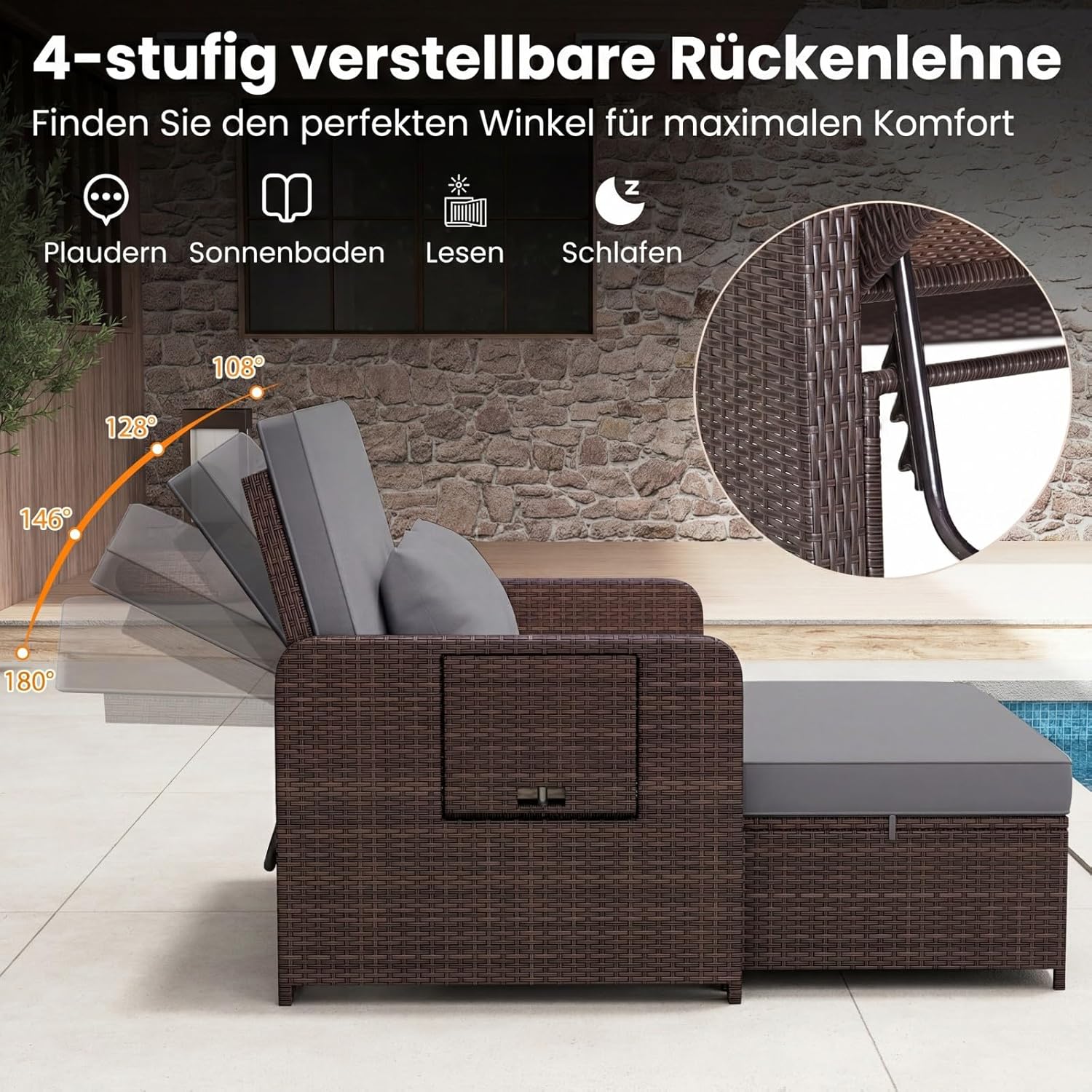 COSTWAY 3 in 1 Polyrattan Sonnenliege, Gartenliege mit Verstellbarer Rückenlehne & Seitenablagen, Loungebett, Doppelliege mit Kissen, Gartensofa mit Liegefunktion, Hocker & Stauraum (Grau)