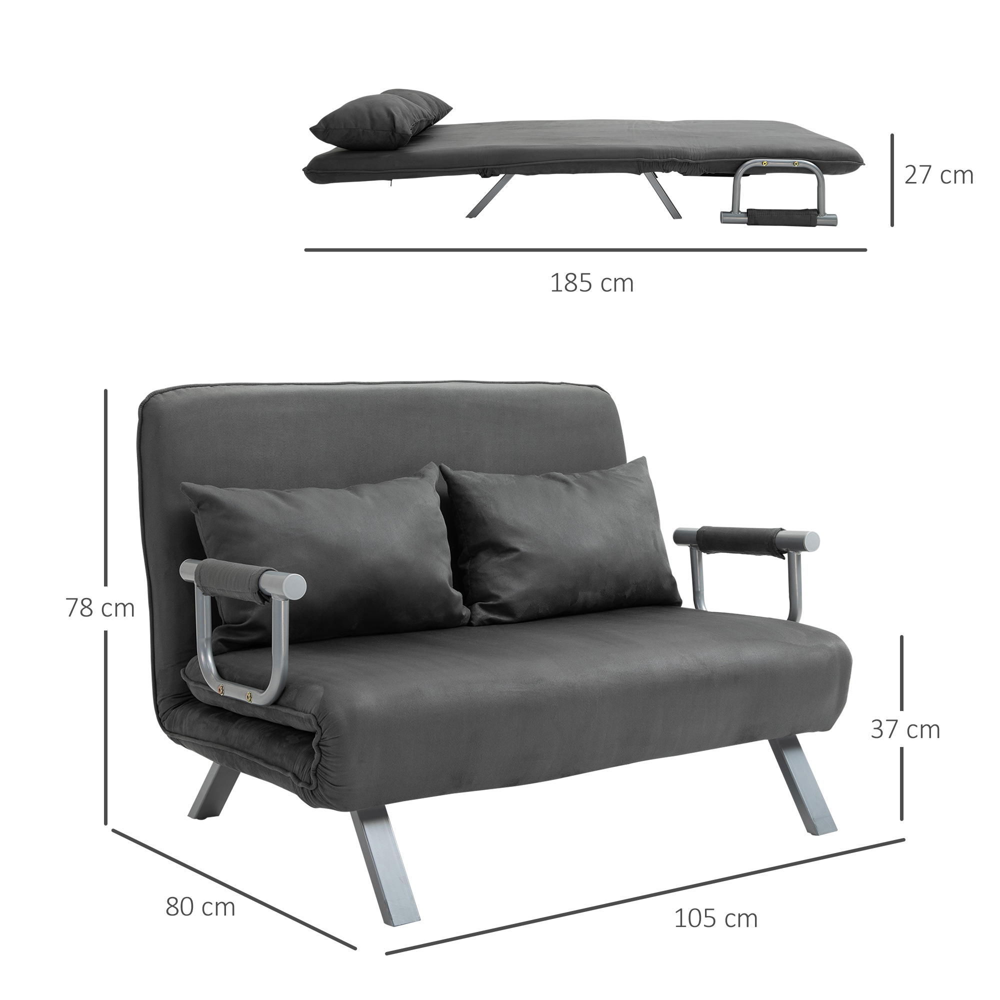 tweezits bedbank met armleuningen, 3-in-1 slaapbank, logeerbed, opvouwbare matras, opklapbed, chaise longue, multifunctioneel, imitatie-su��de grijs 105 x 80 x 78 cm