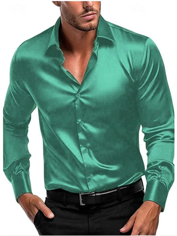 Slim Fit Herrenhemd aus gl?nzendem Satin | Langarm Businesshemd mit klassischem Kragen f��r festliche Anl?sse und B��ro